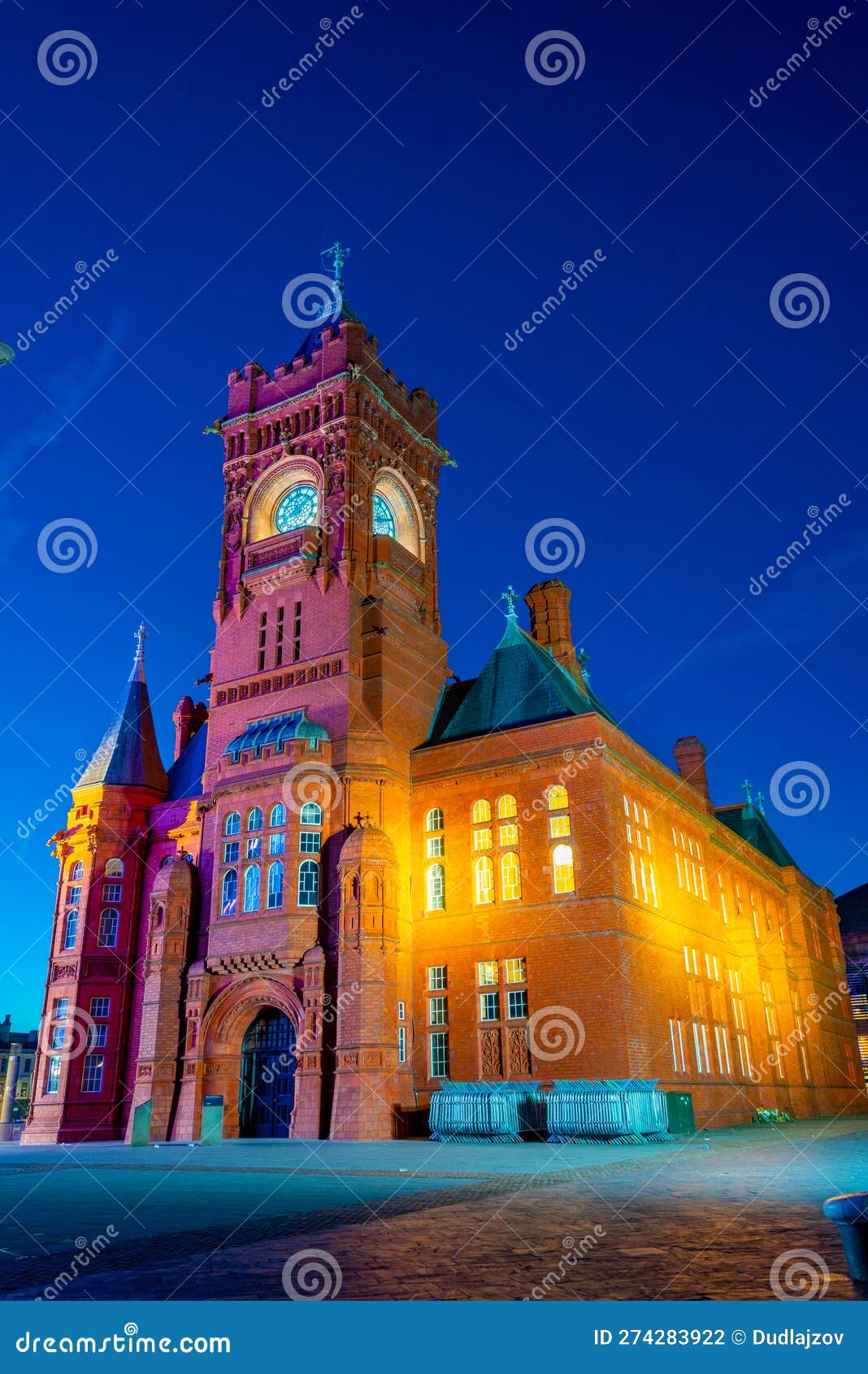 night view of the pierhead building at cardiff bay in wales, uk