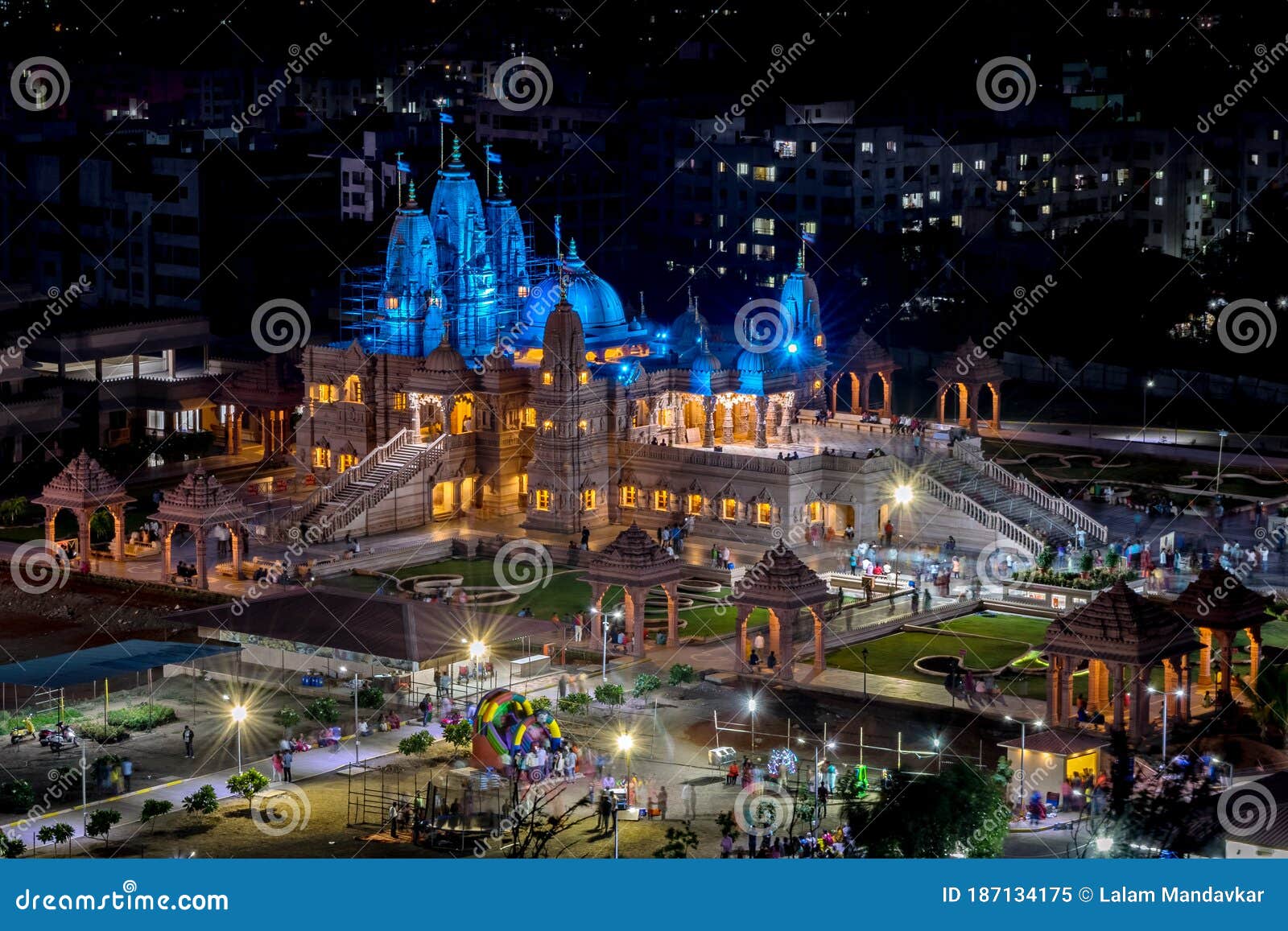 night time lighting on shree swaminarayan temple at night, pune, india.