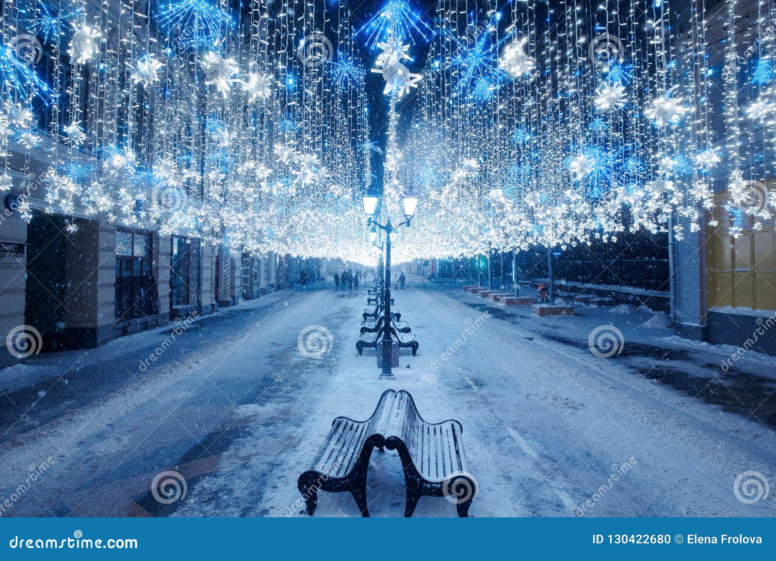 Night Winter Moscow in the Snow. Nikolskaya Street Decorated for Stock ...