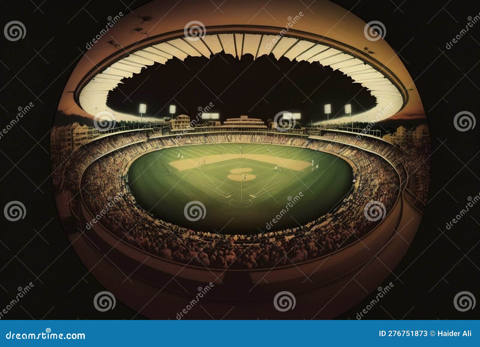 nighttime cricket match surrounded by illuminated circular stadium and enthusiastic audience. generative ai