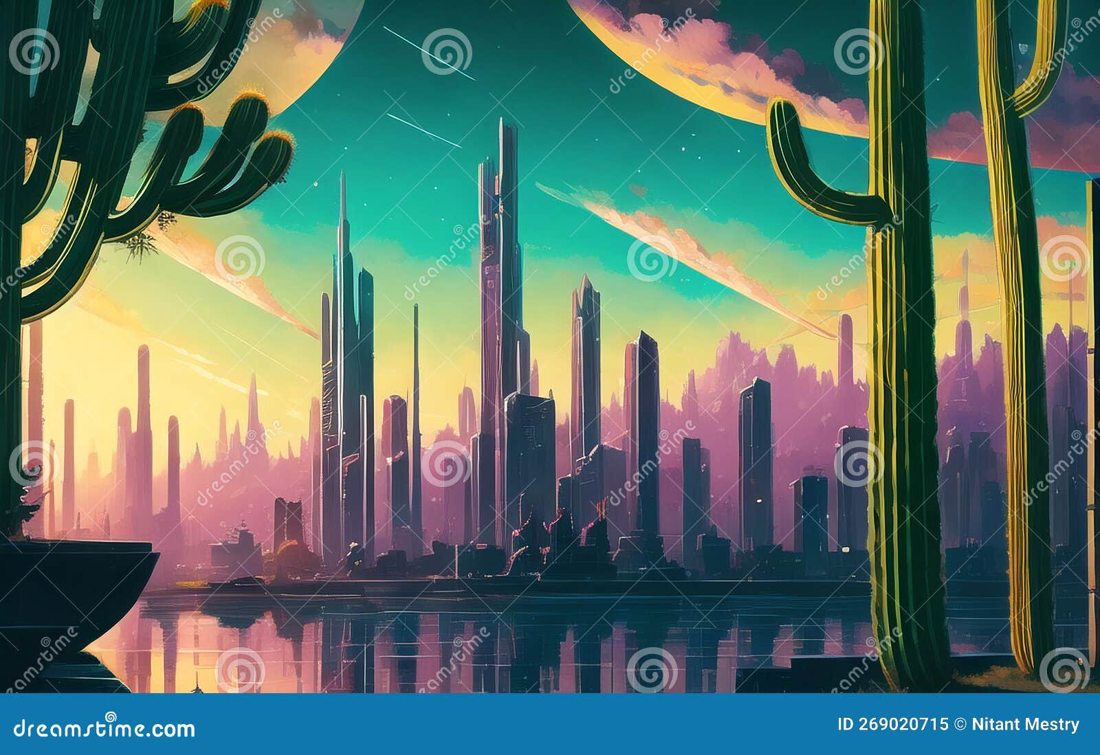 Sci-fi Fantasy City, Cyberpunk Buildings Illustration. Neon Colors