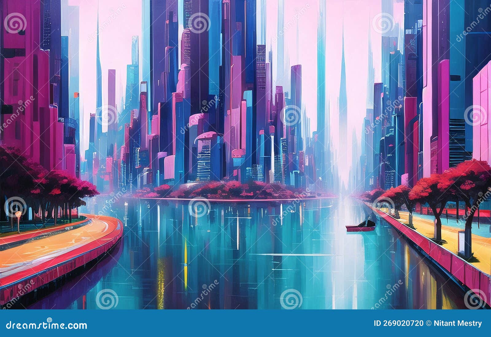 Cyberpunk City landscape with a sunset, Ai Generated Cyberpunk Wallpaper/ Background, Stock Illustration