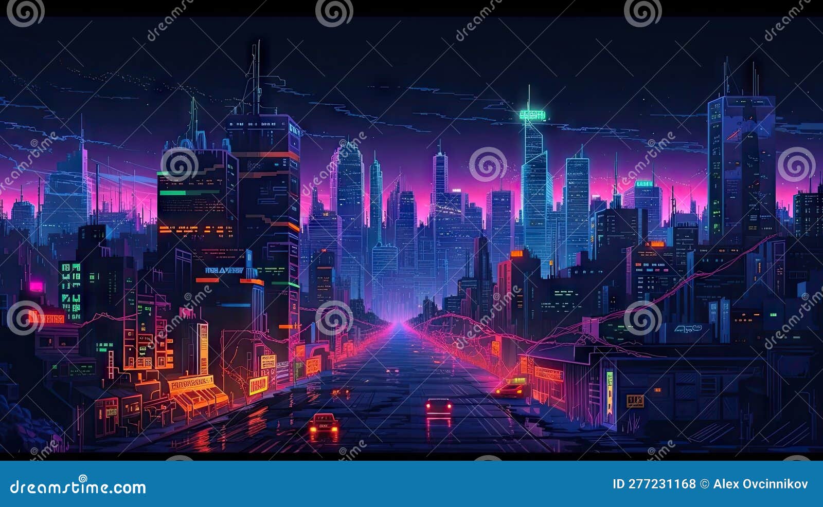 Nighttime Cyberpunk Cityscape with Skyscrapers, Neon Lights, and ...