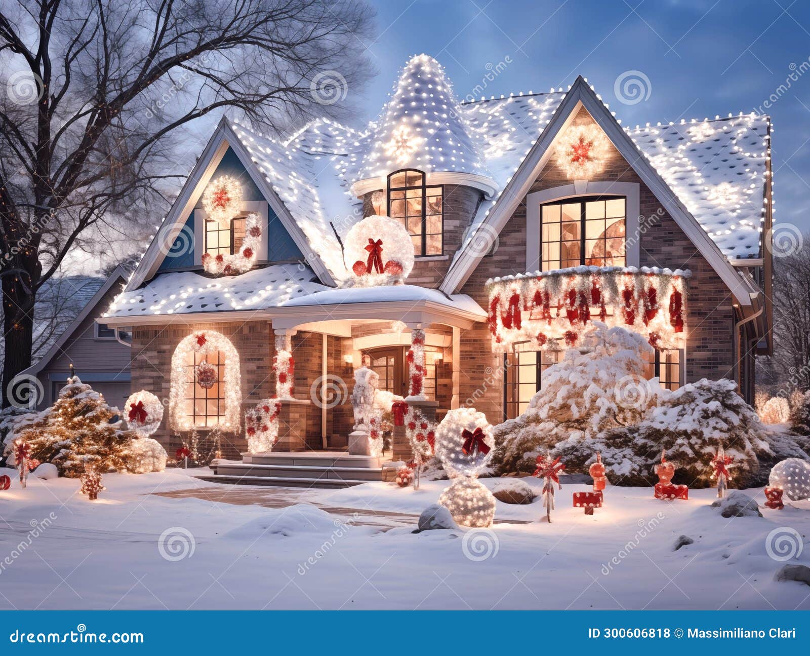 nighttime of a home exterior transformed into a winter wonderland with dazzling christmas lights, inflatable snowman, and a