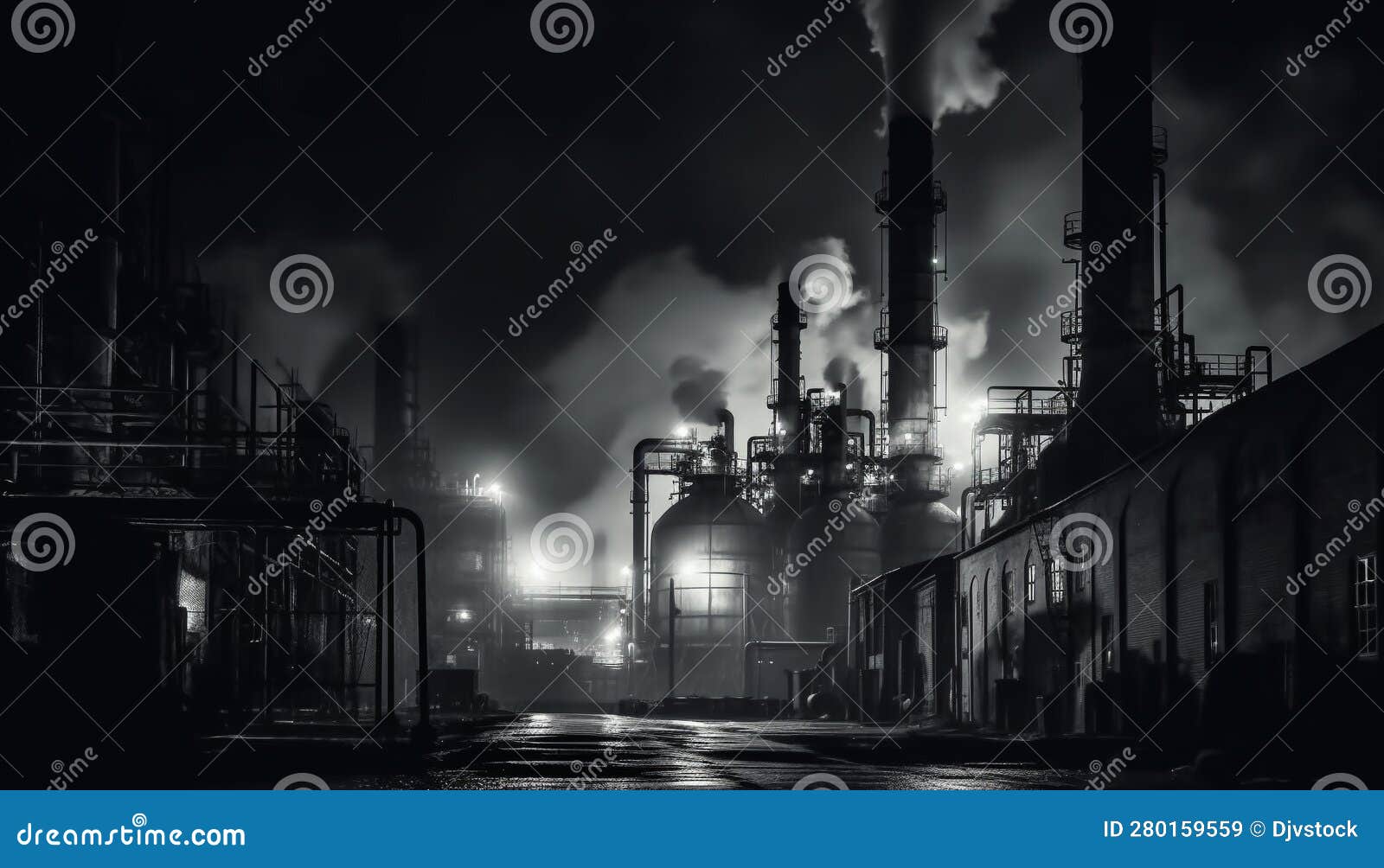 Nighttime Refinery Emits Fumes from Smokestacks, Polluting the ...