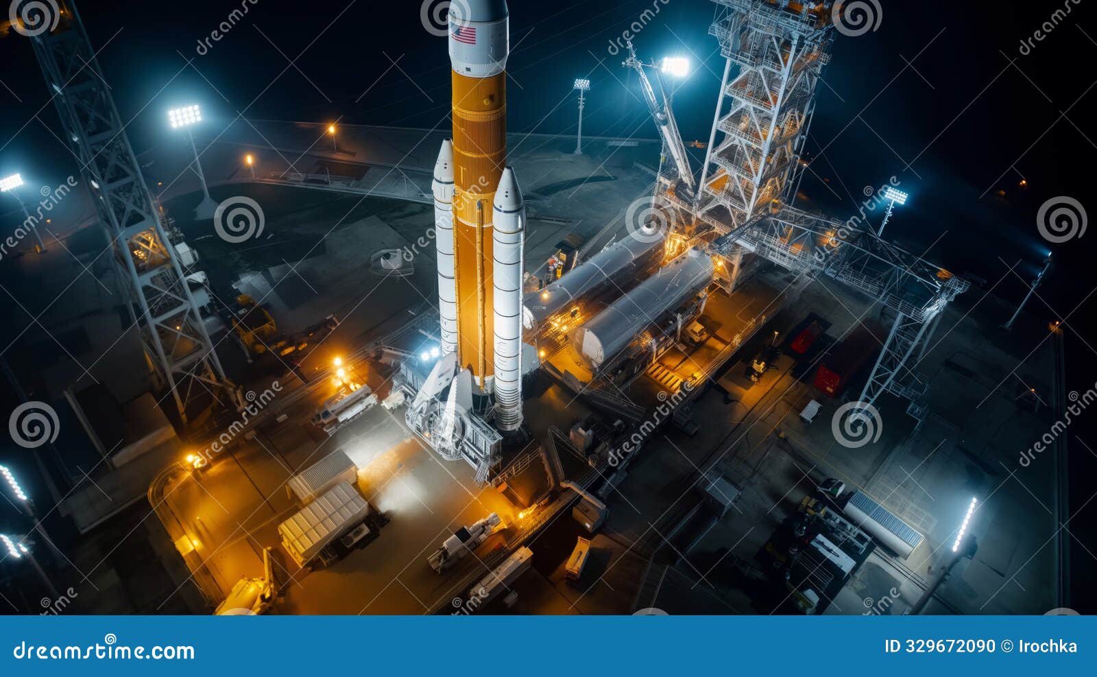 nighttime scene of satellite launch pad