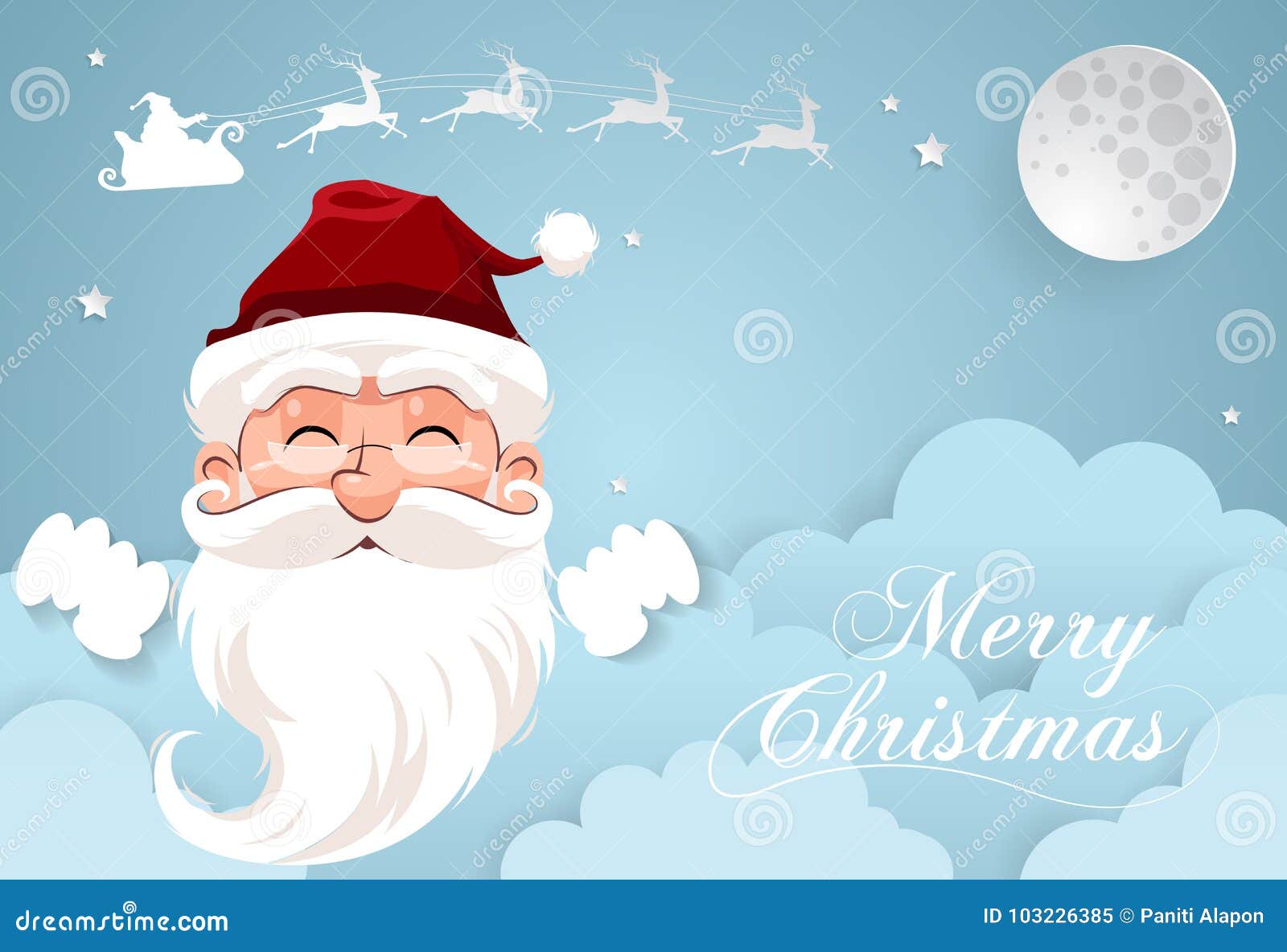 nighttime sky with santa claus and full moon,clouds background,paper art