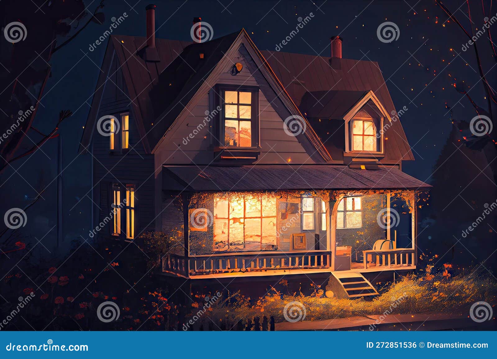Nighttime View of Cozy House, with Warm Light Shining from the Windows