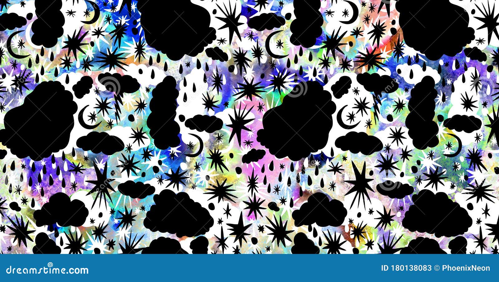 nigth sky with moons, stars, clouds, space motive on grunge paper texture in abstract constructivism retro art style.
