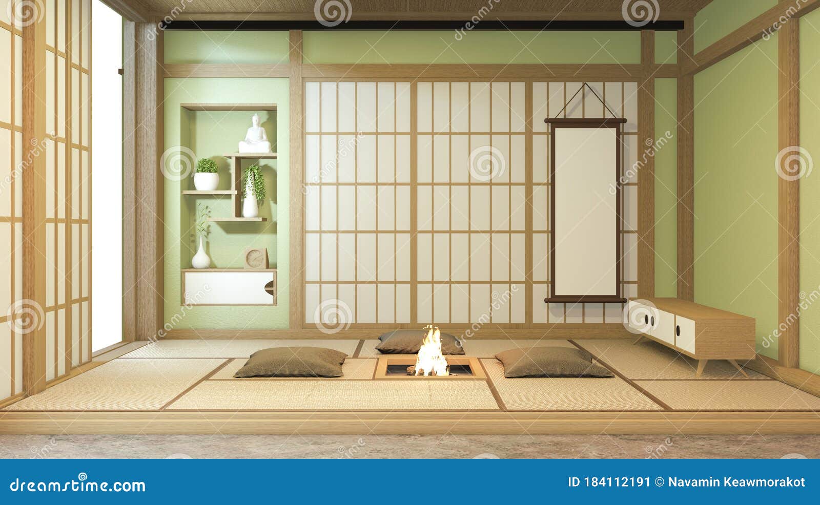 nihon green room  interior with door paper and cabinet shelf wall on tatami mat floor room japanese style. 3d rendering