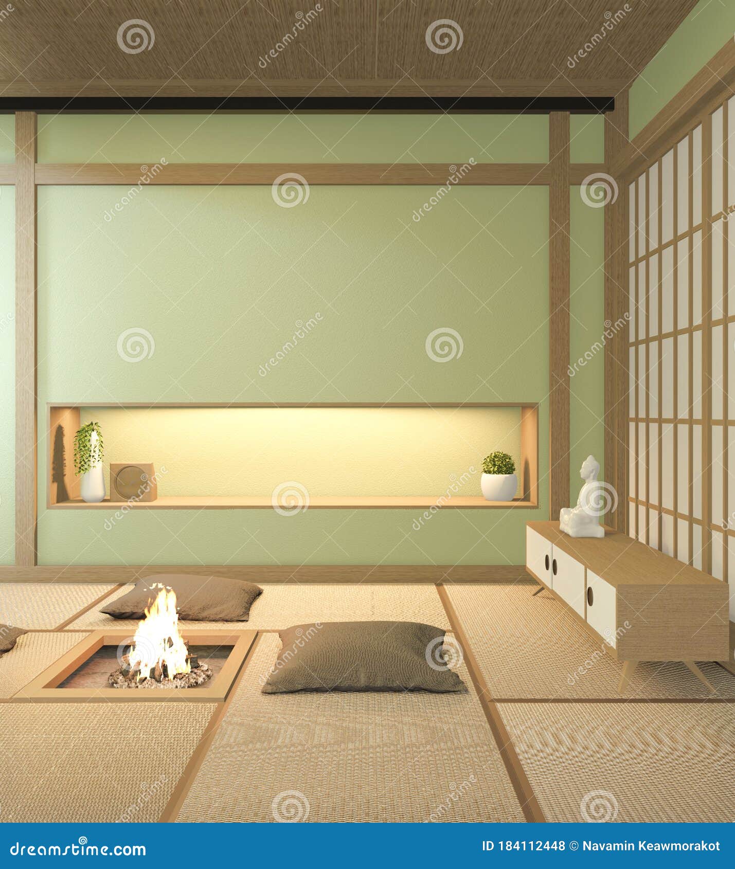 nihon green room  interior with door paper and cabinet shelf wall on tatami mat floor room japanese style. 3d rendering