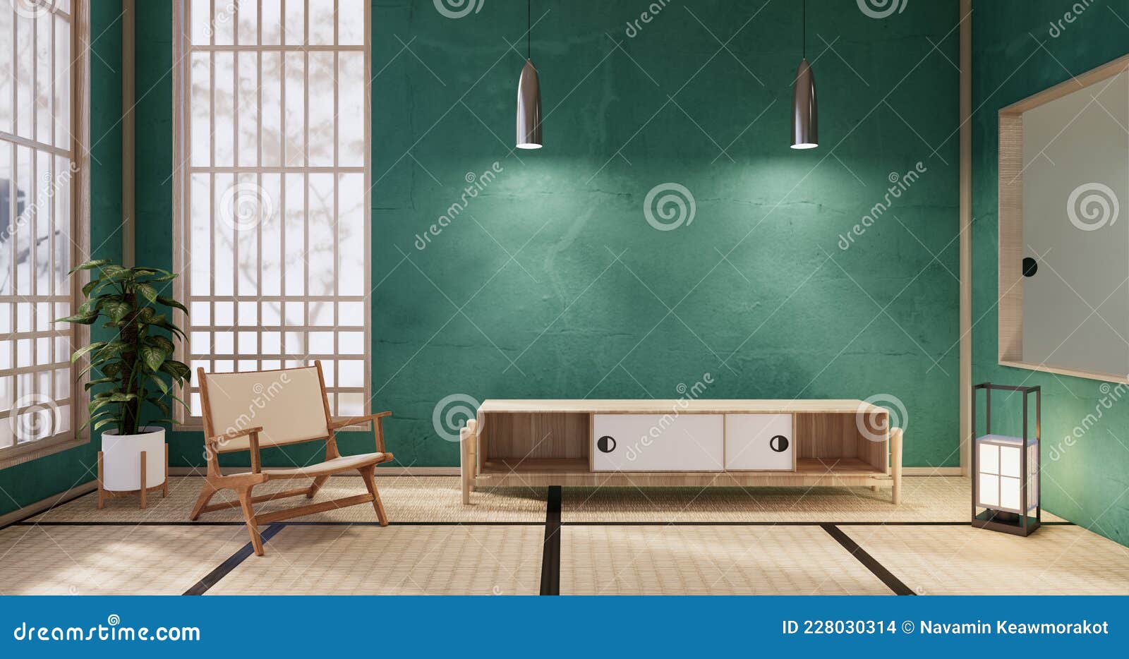 nihon green room  interior -  room japanese style. 3d rendering