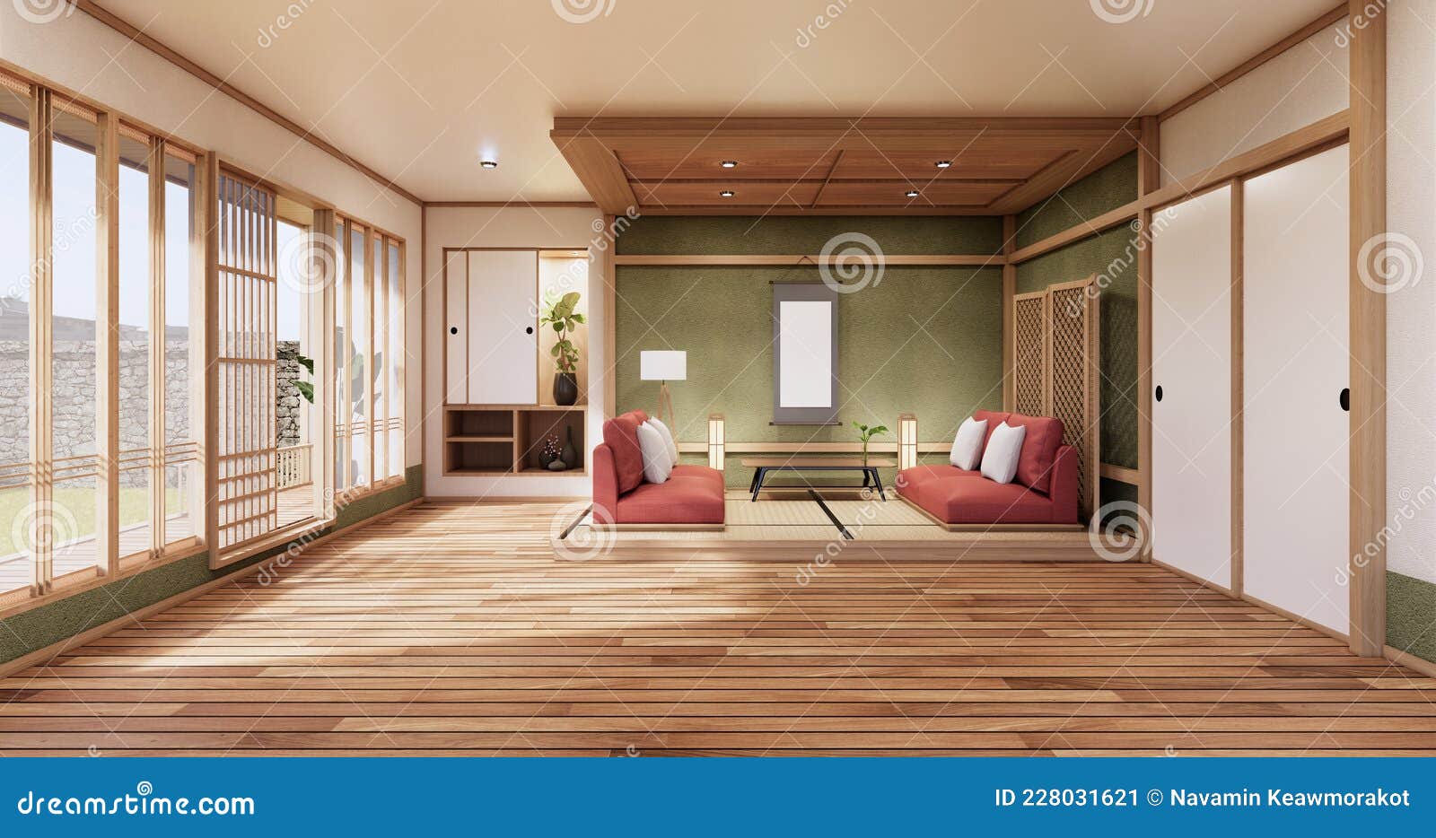 Nihon Green Room Design Interior Room Japanese Style. 3D Rendering