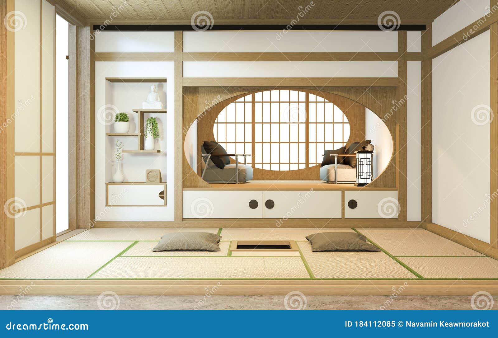nihon room  interior with door paper and cabinet shelf wall on tatami mat floor room japanese style. 3d rendering