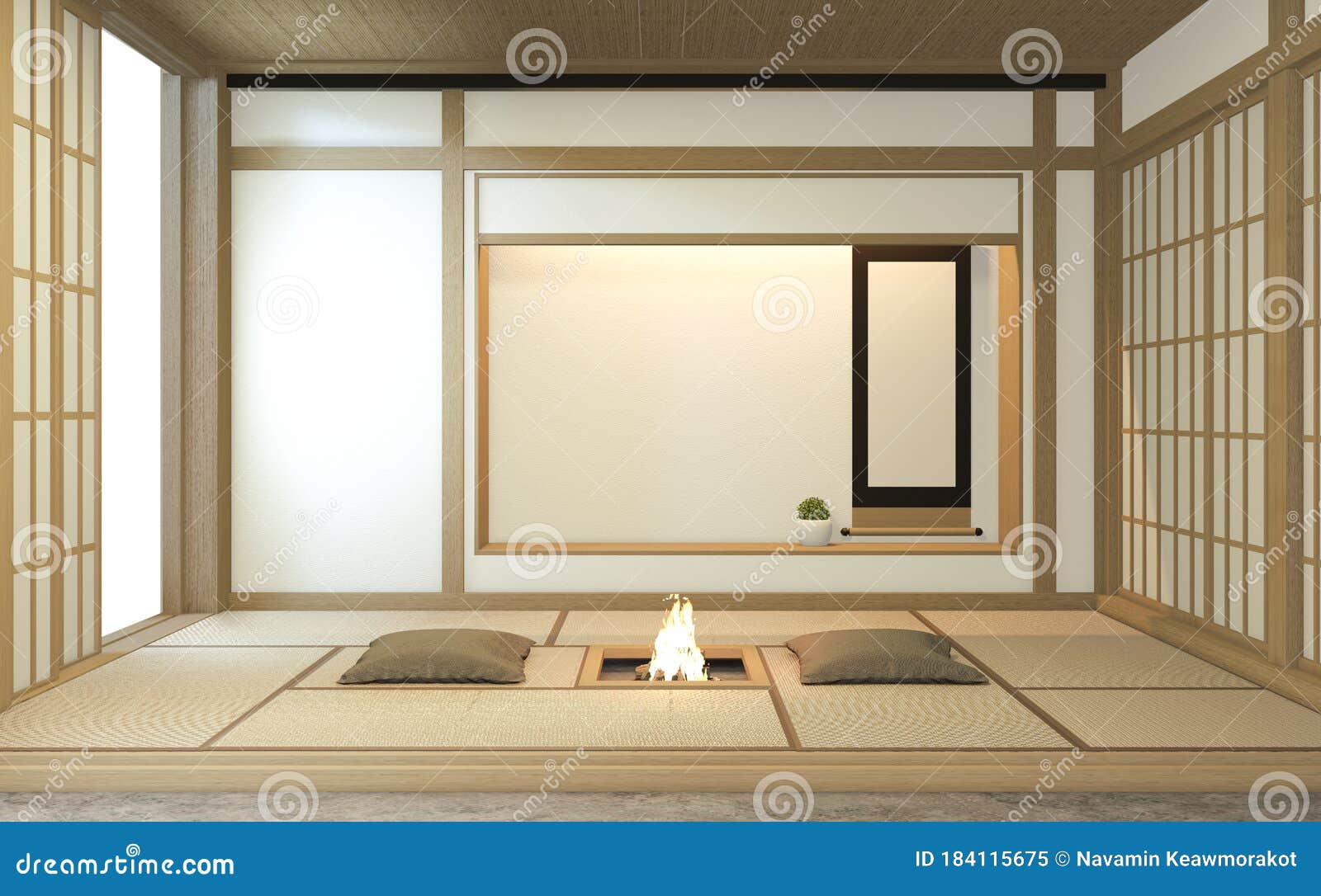 nihon room  interior with door paper and cabinet shelf wall on tatami mat floor room japanese style. 3d rendering