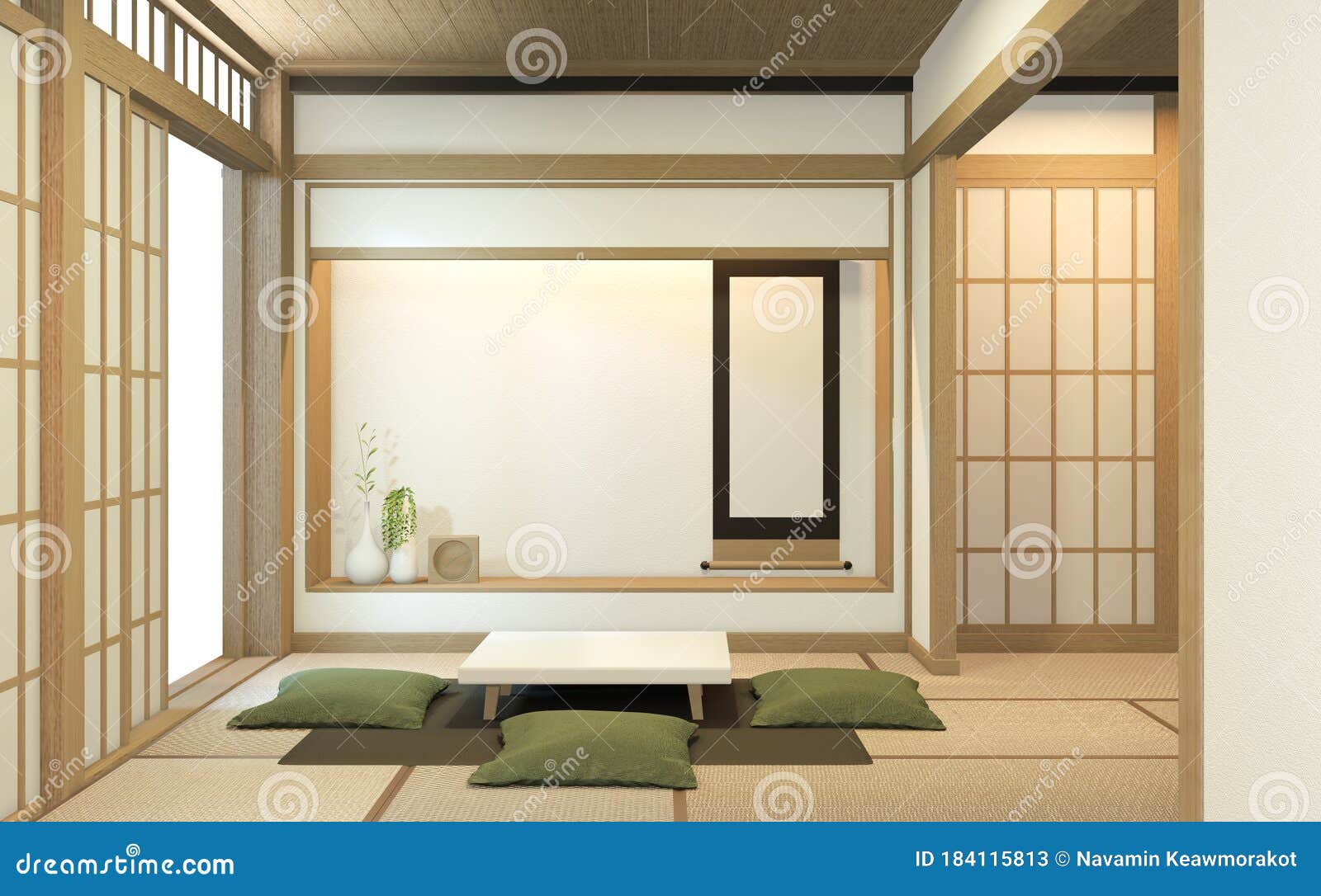 nihon room  interior with door paper and cabinet shelf wall on tatami mat floor room japanese style. 3d rendering