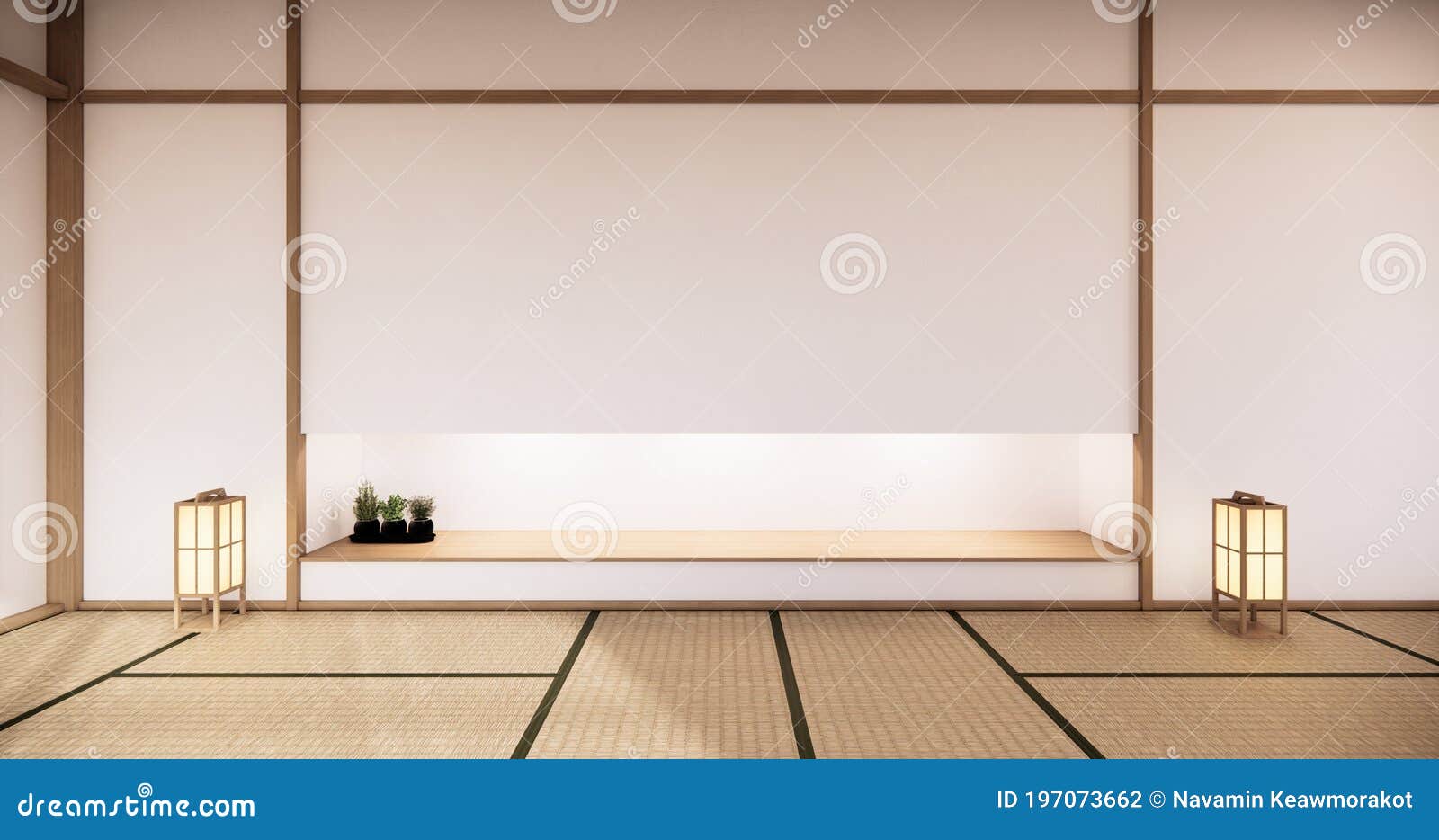 nihon room  interior with door paper and cabinet shelf wall on tatami mat floor room japanese style. 3d rendering