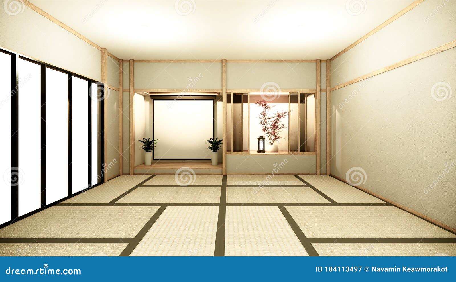 nihon room interior background with shelf wall japanese style  hidden light.3d rendering