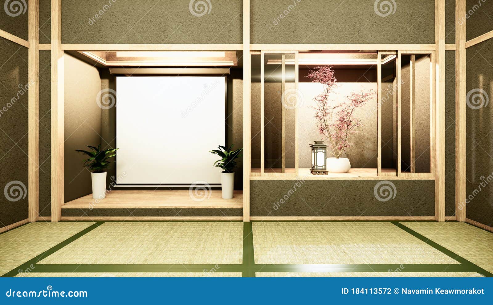 nihon room interior background with shelf wall japanese style  hidden light.3d rendering
