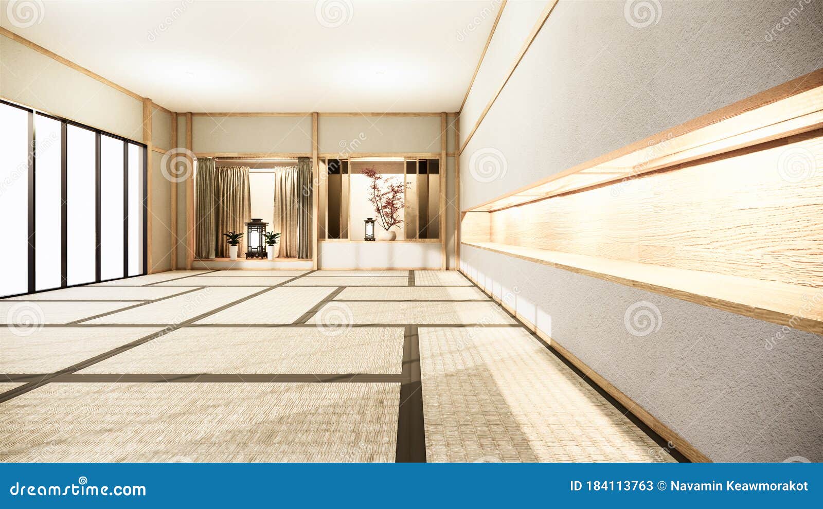 nihon room interior background with shelf wall japanese style  hidden light.3d rendering