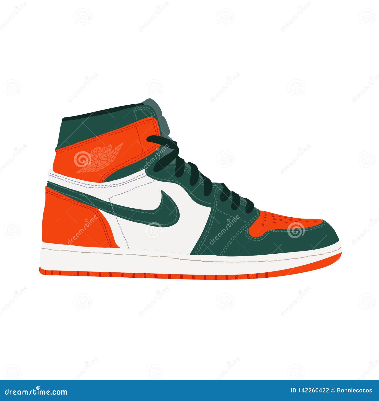 Nike Air Jordan Sneaker Amaestrador Diseño Plano Ilustración Del Vector Jordania 1 Alto SoleFly Retro Art Basel Sail - Vector Fotografía - de contorno, 142260422