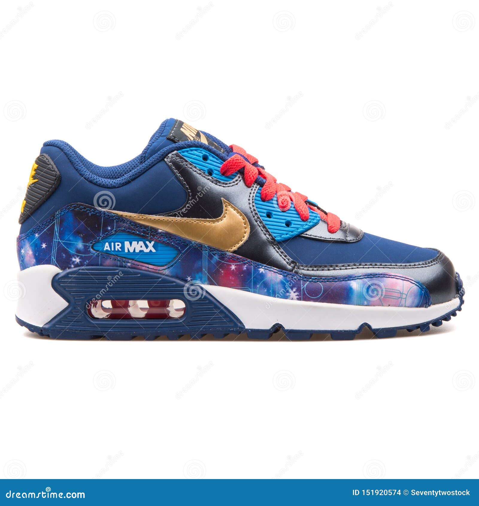 peligroso Islas Faroe Murciélago Nike Air Max 90 Zapatillas De Deporte Azules, Rojas Y Del Oro De Cuero  Superiores Imagen de archivo editorial - Imagen de cordones, aislado:  151920574