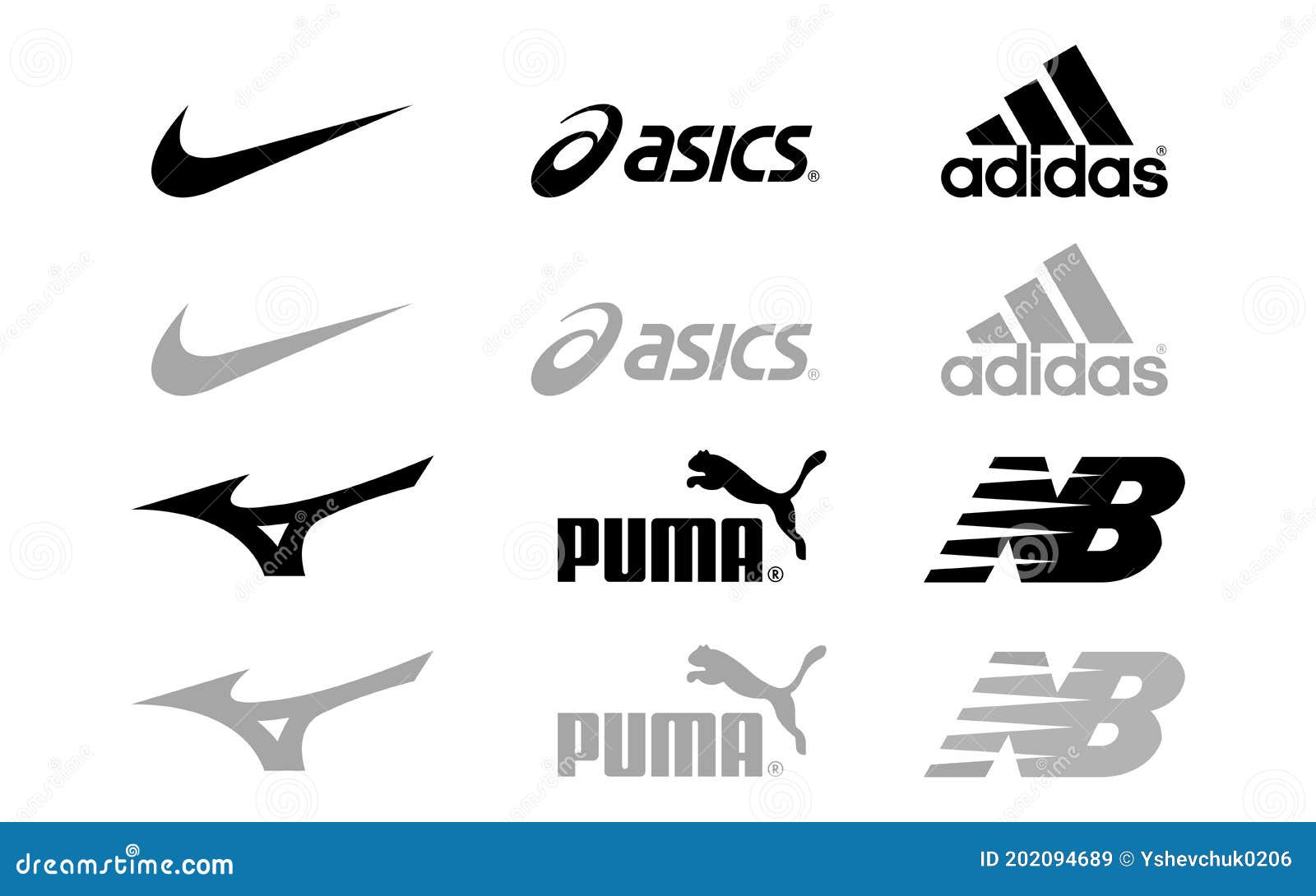 cerrar eje A menudo hablado Nike Asics Adidas Mizuno Puma Nuevo Balance Logos De Equipos Deportivos Y  Empresa De Ropa Deportiva. Kyiv Ucrania 15 De Noviembre Imagen de archivo  editorial - Ilustración de famoso, color: 202094689
