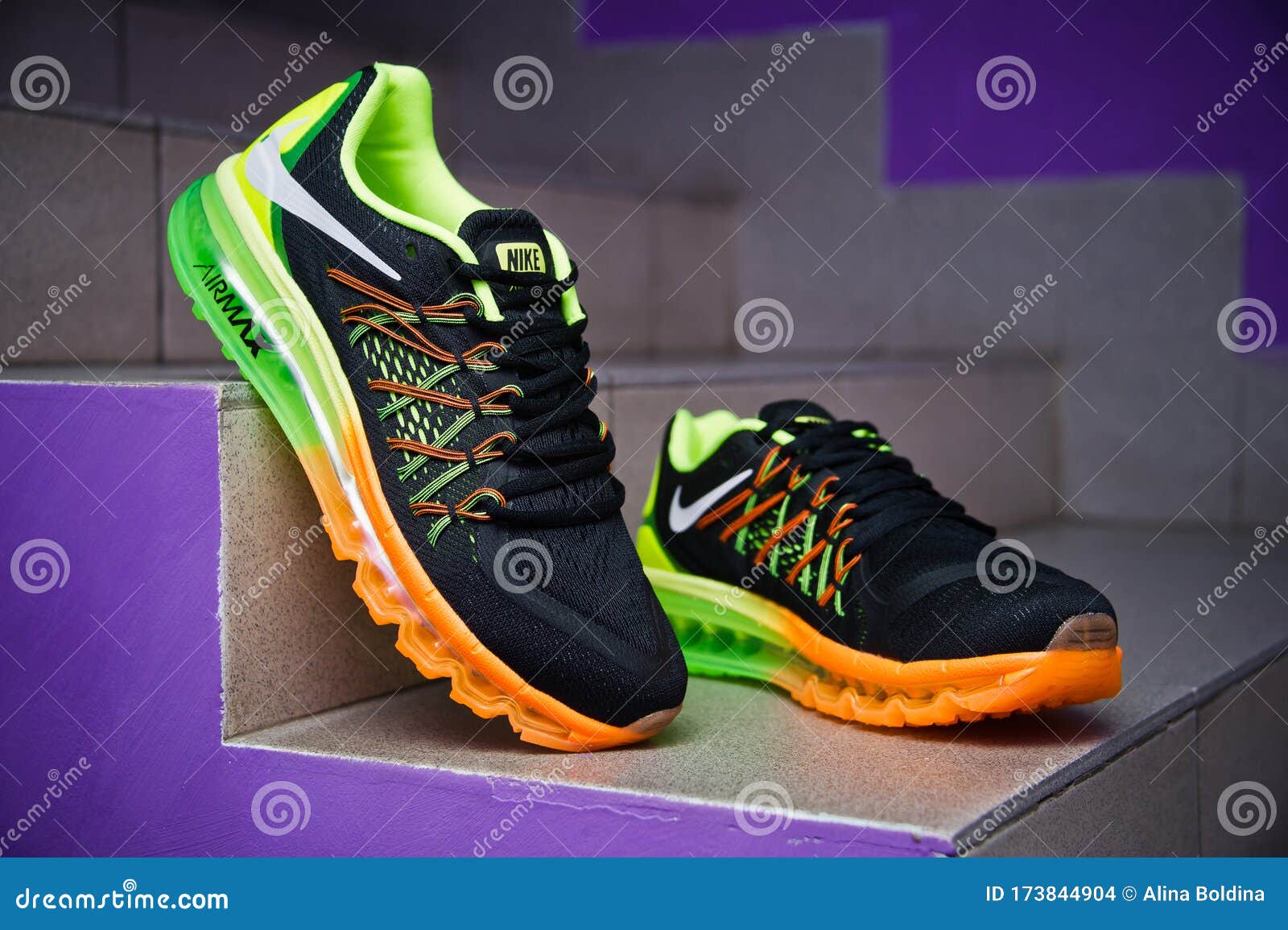 lifetime Couple swallow Nike Flyknit Air Max Running Shoes, Sneakers Shot on the Stairs.  Krasnoyarsk, Russia - January 22, 2016 Editorial Stock Image - Image of  product, activity: 173844904