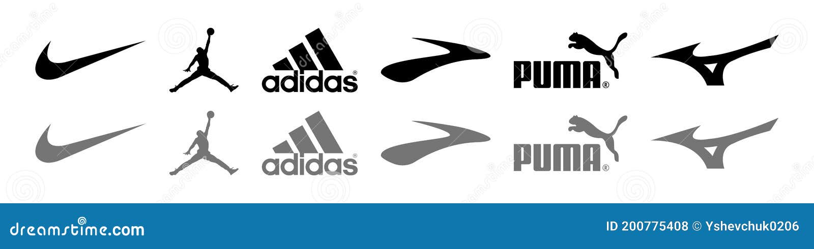 Nike, Jordan, Adidas, Brooks, Puma, Mizuno - Logos of Sports Equipment ...