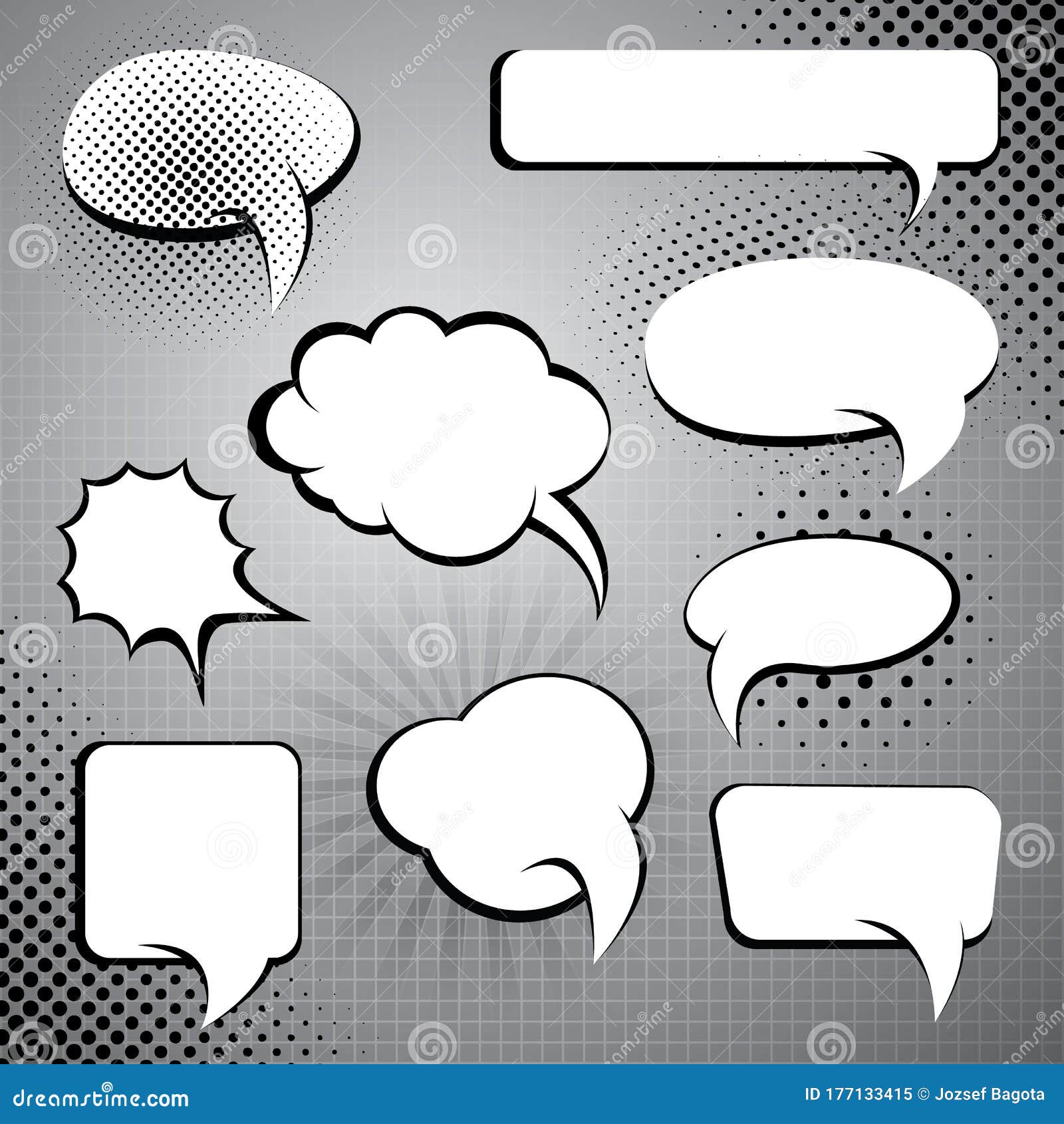 Nine Different Black and White Comic Style Speech and Thought Bubbles Stock Vector