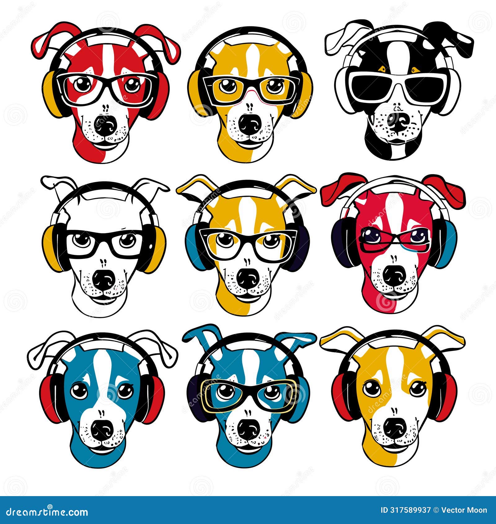nine stylized cartoon dogs wearing various headgear glasses, sunglasses, headphones, dog displays