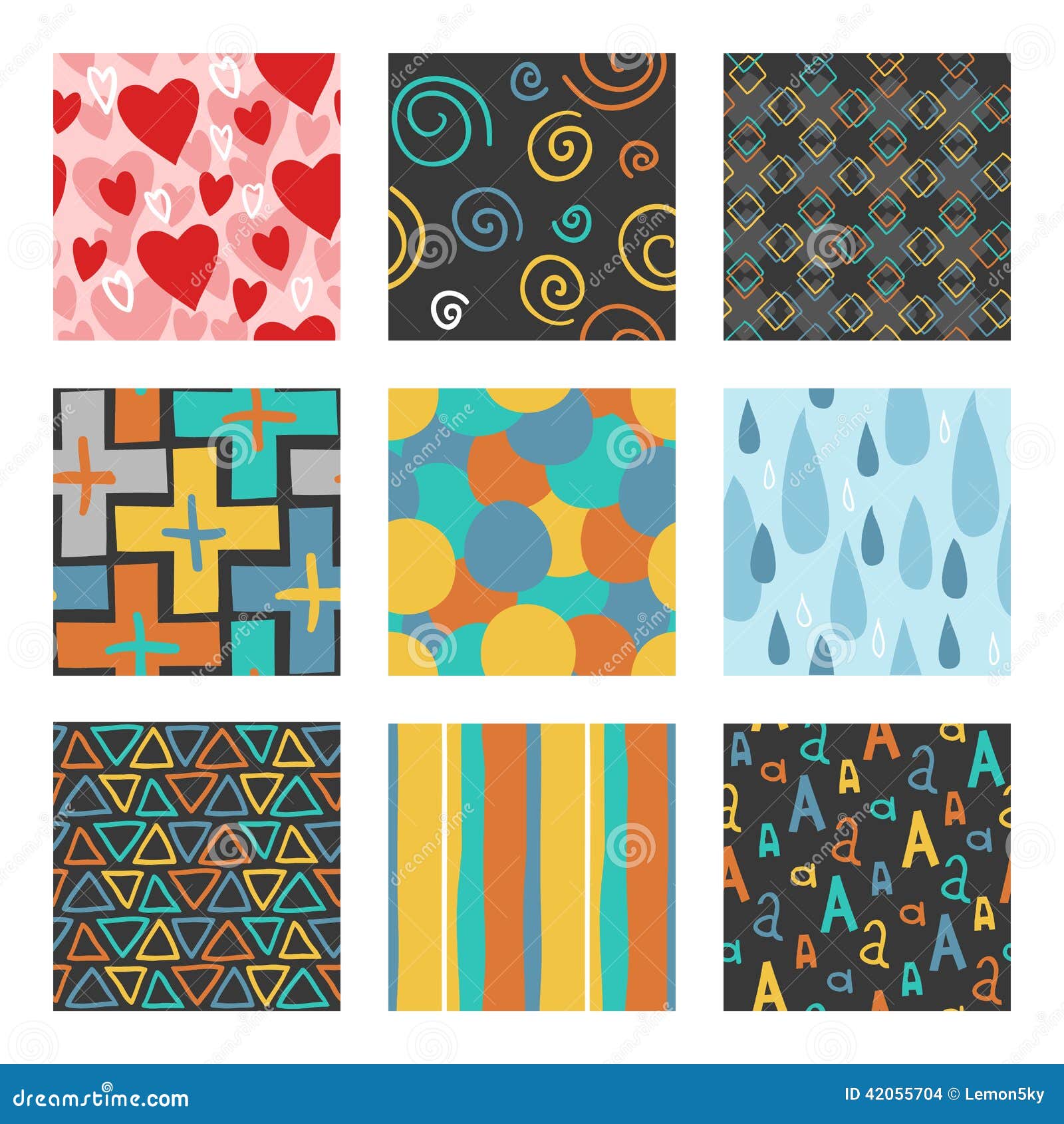 Nine Unique Random Hand Draw Pattern Set. Stock Vector Illustration