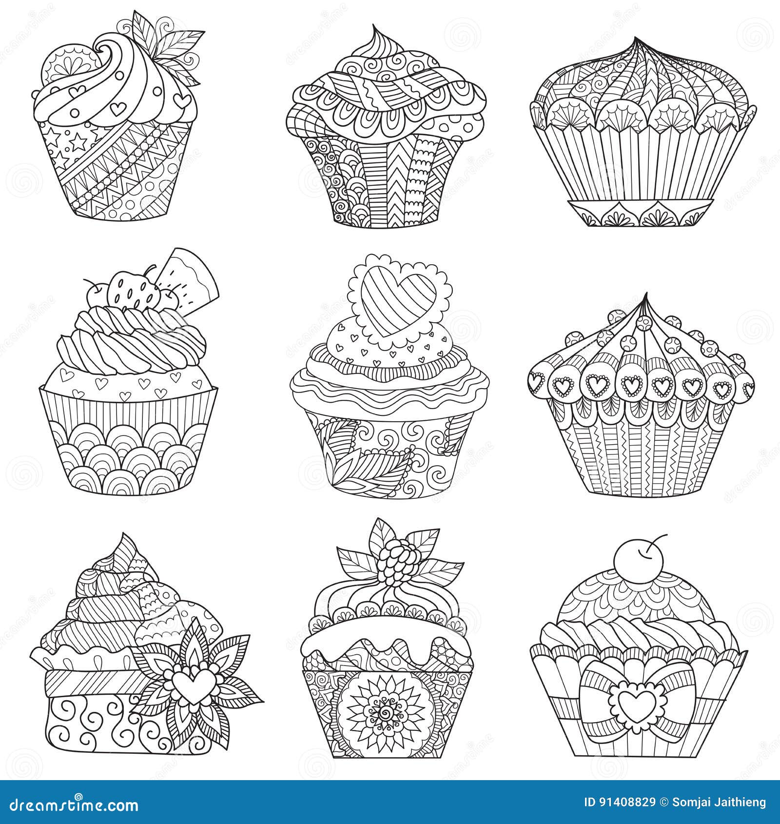 nine zendoodle  of cupcakes  on white background  for both kids and adult coloring book page.  illustrat