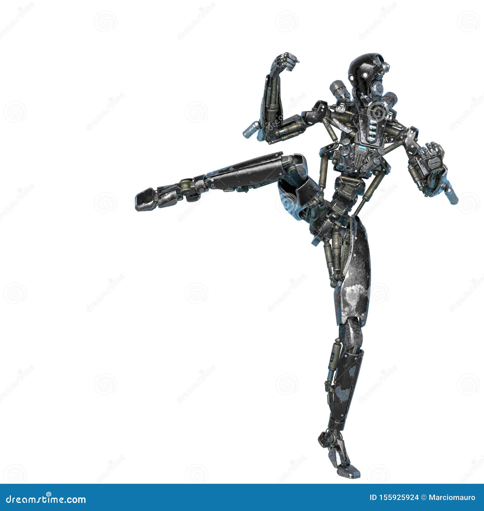 ninja robot brutal kick in a white background