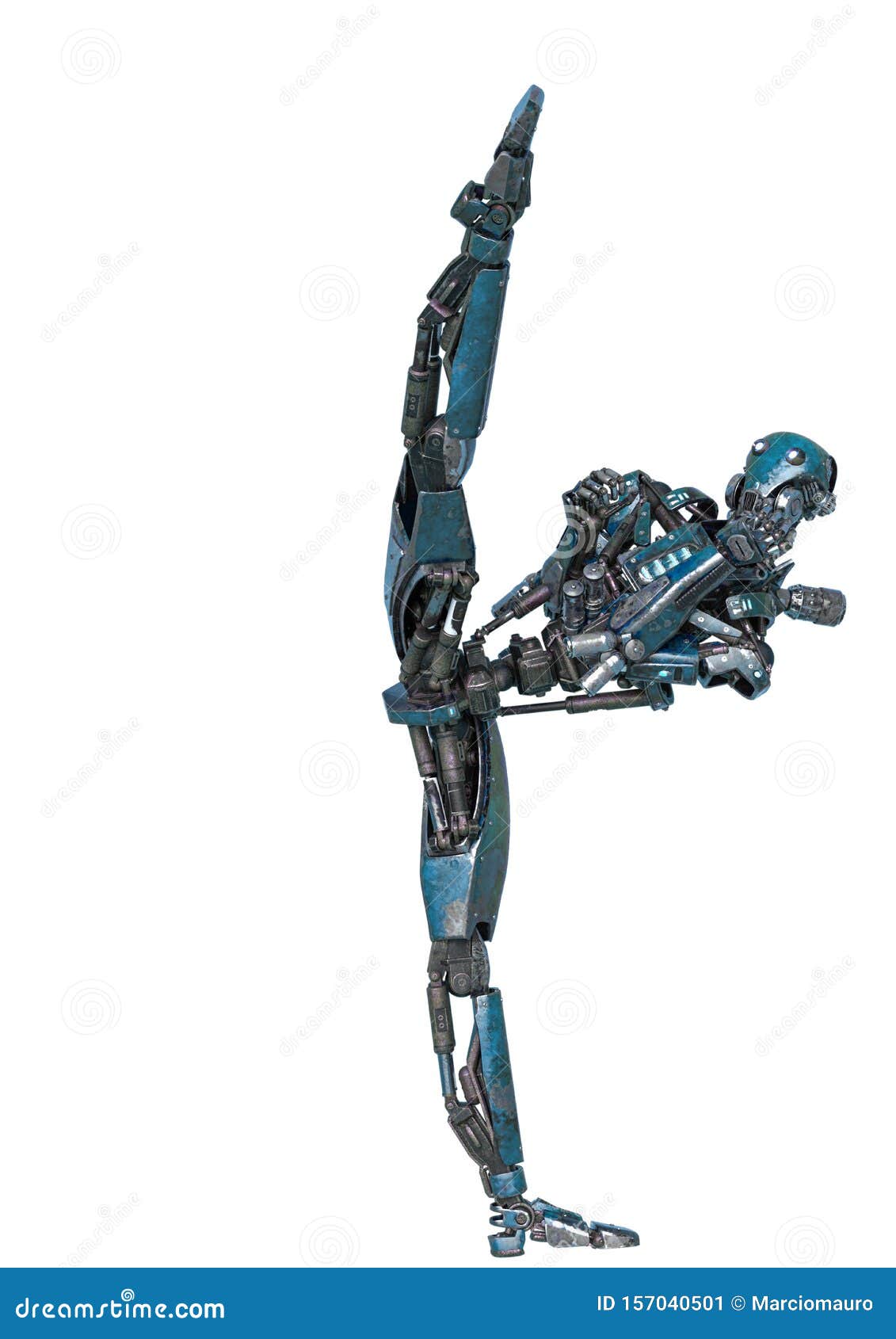 ninja robot kiking up in a white background