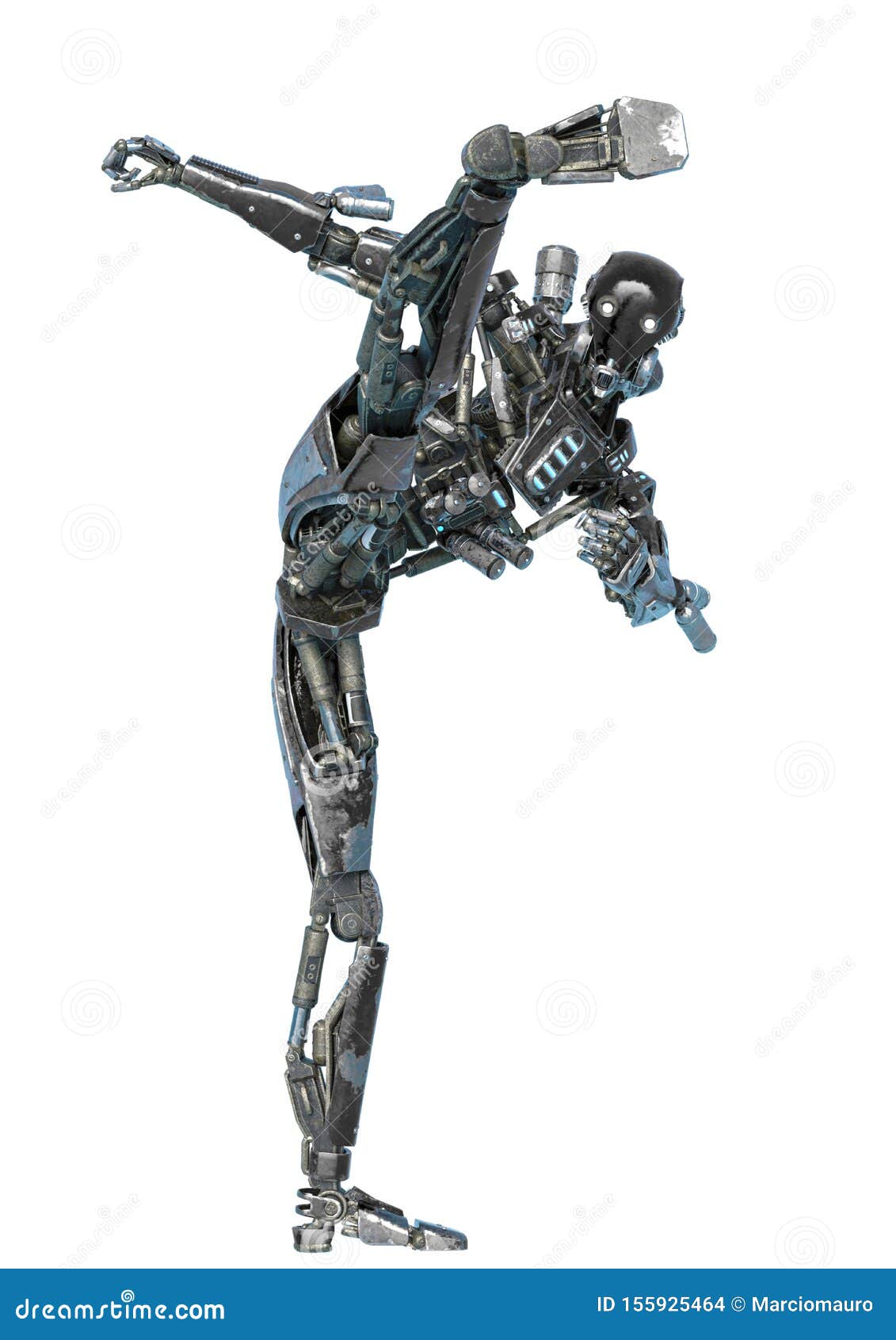 ninja robot in round kick in a white background