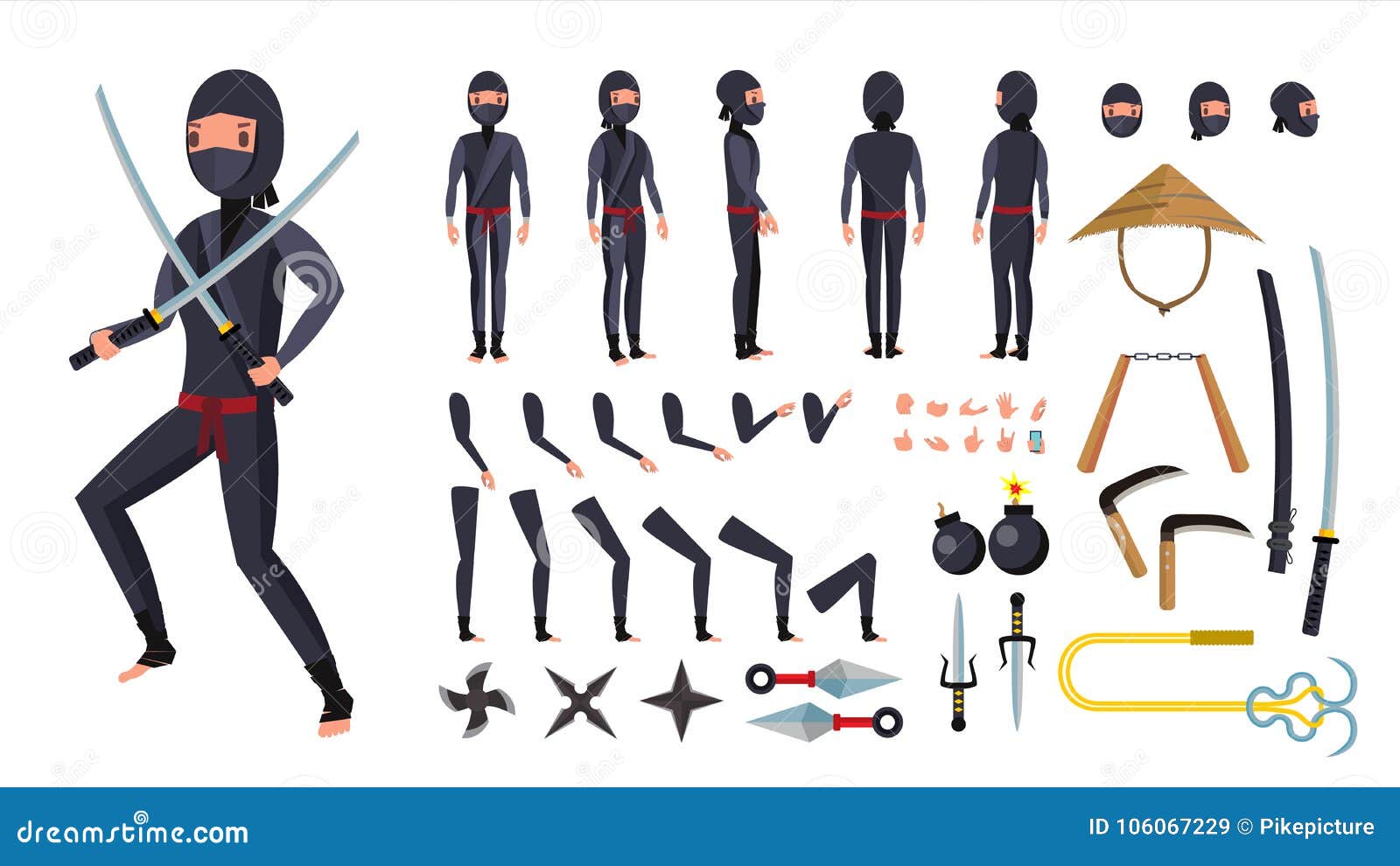 Ninja Vector Animated Character Creation Set Ninja Tools Stock
