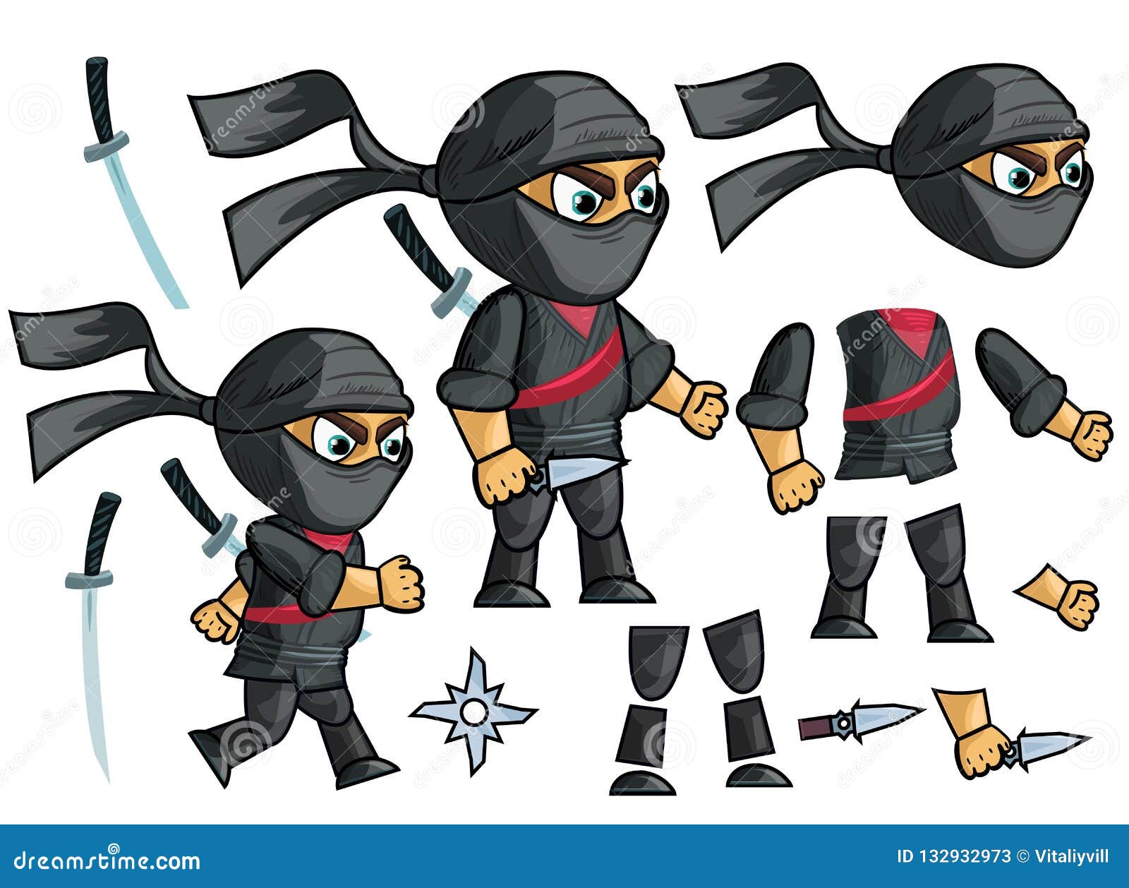 Ninja Vector Animated Character Creation Set Stock Vector