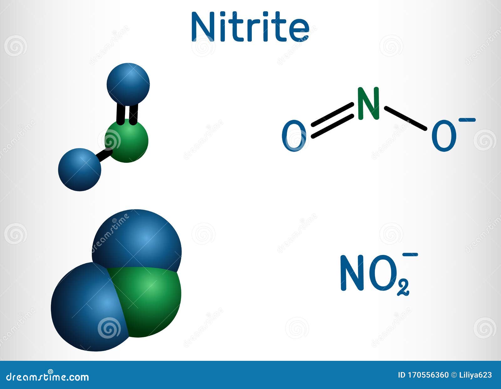 Nitrite Anion, NO2- Molecule. Structural Chemical Formula and Molecule