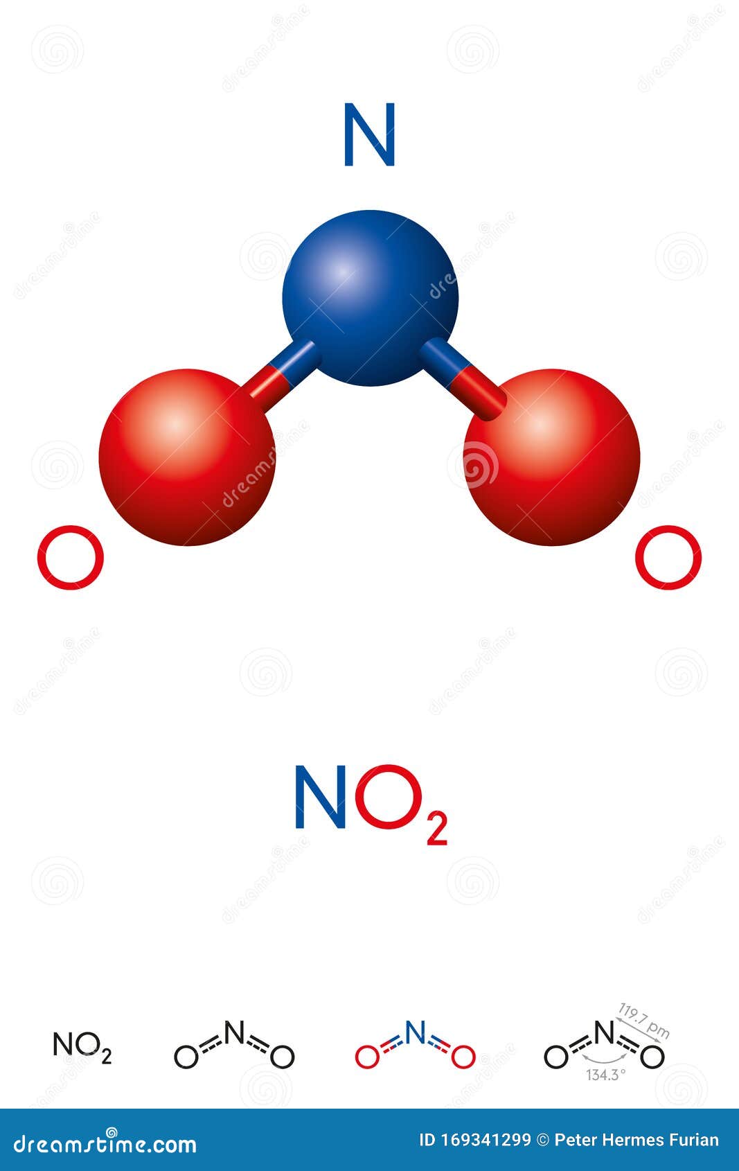 Nitrogen Dioxide, NO2, Molecule Model and Chemical Formula Stock Vector