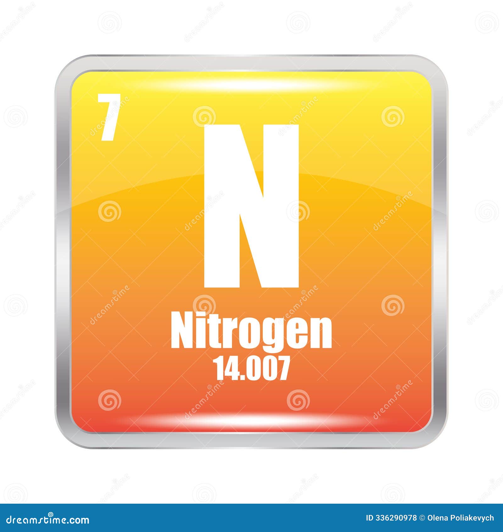 Nitrogen Element Icon. Atomic Number Seven. Atomic Mass 14.007. Square
