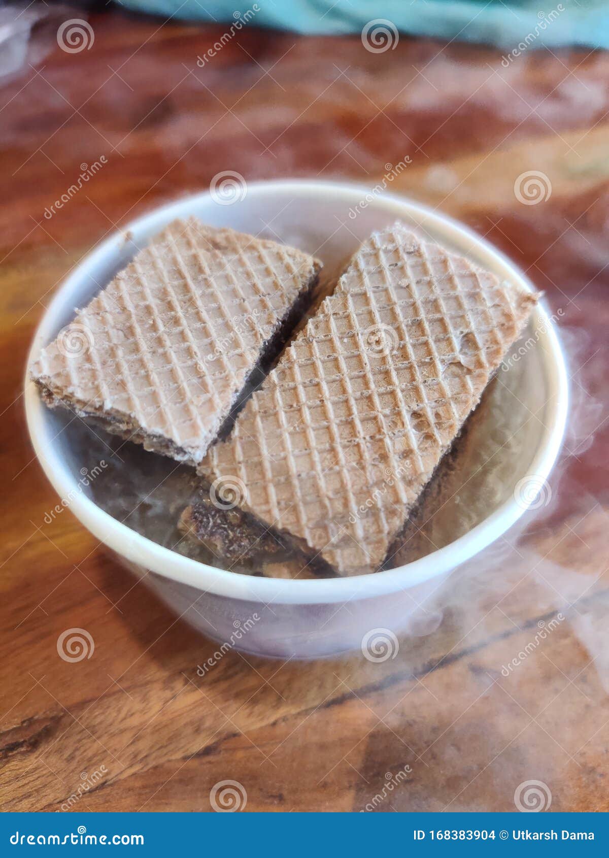 Nitrogen Waffle Biscuits Served in Cup Filled with Nitrogen Stuffed with Chocolate Stock Photo