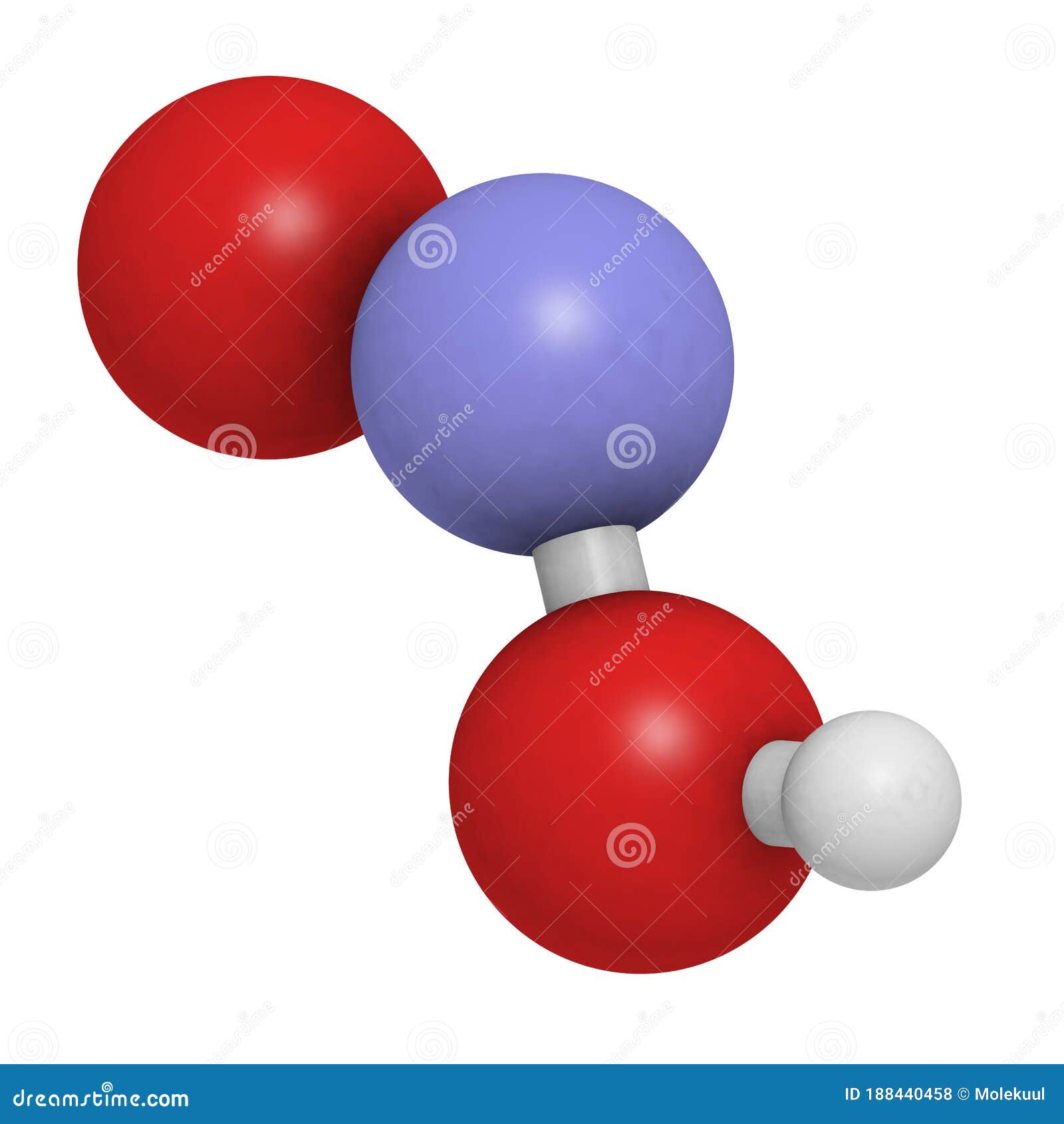 nitrous acid (hno2) mineral acid molecule, 3d rendering. atoms are represented as spheres with conventional color coding: hydrogen