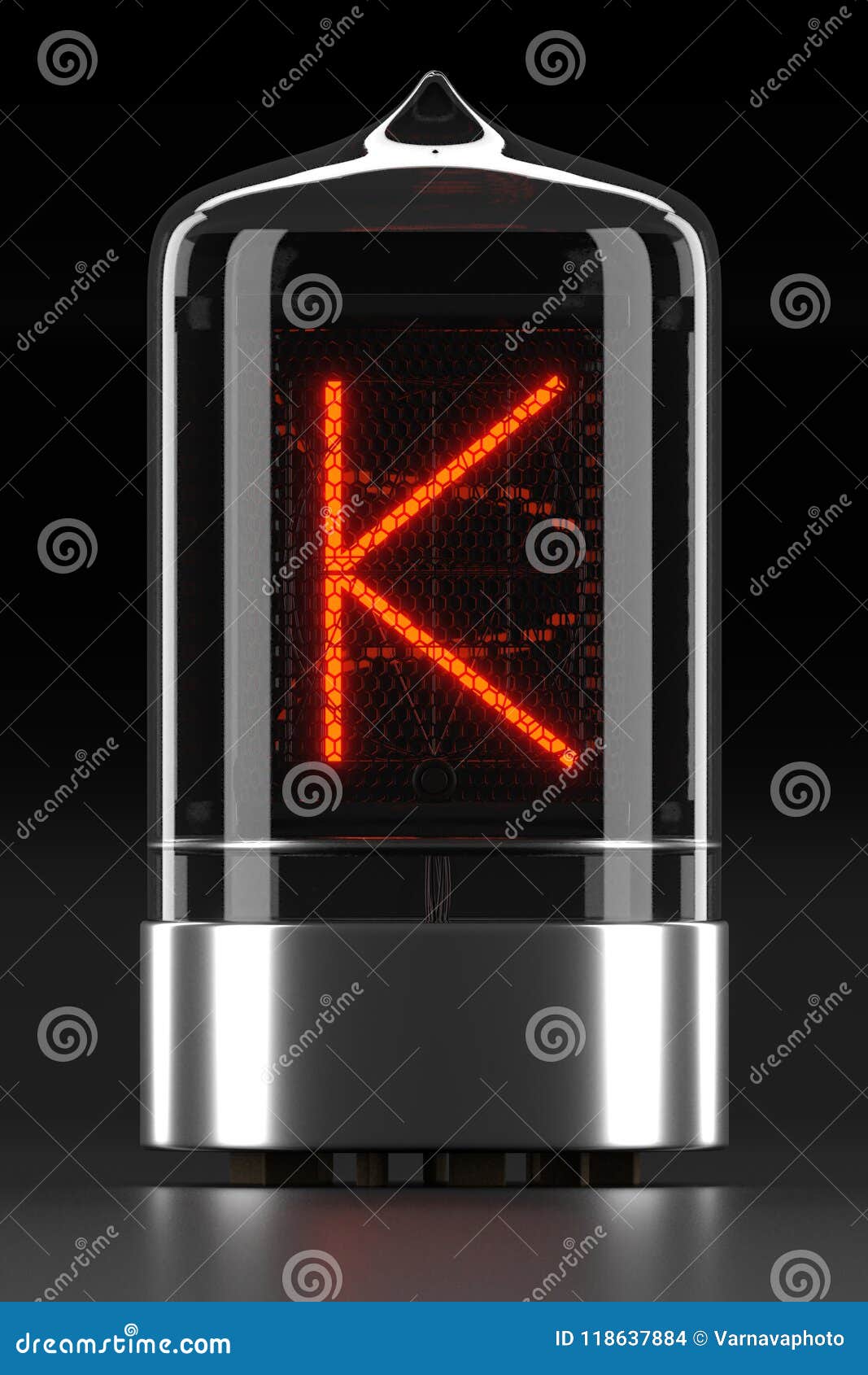 nixie tube indicator, lamp gas-discharge indicator on dark background. letter `k` of retro. 3d rendering