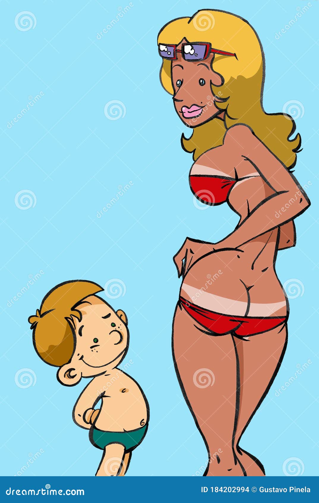 niÃÂ±o observa a mujer con bikini rojo