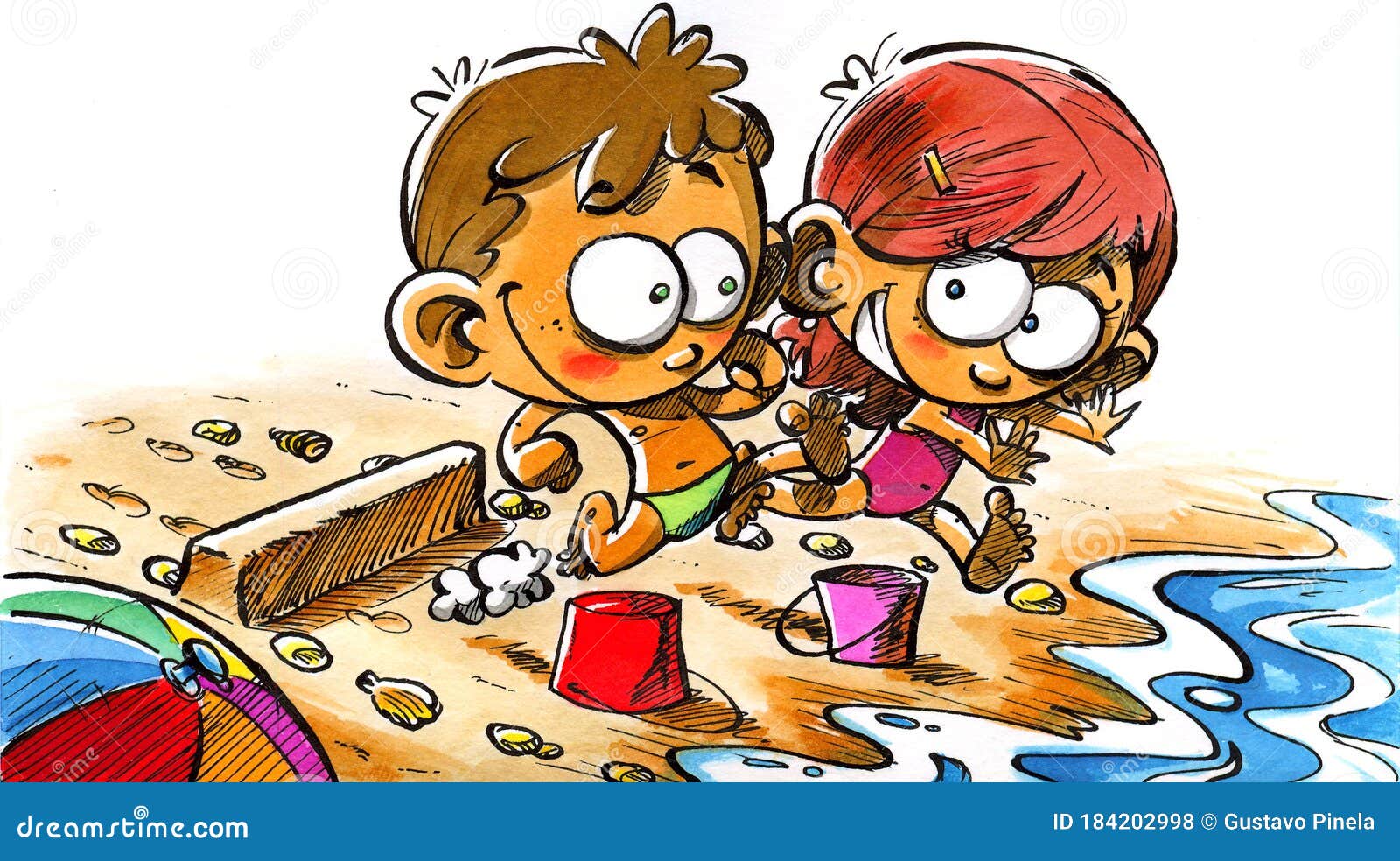 niÃÂ±os pequeÃÂ±os corren por la playa jugando