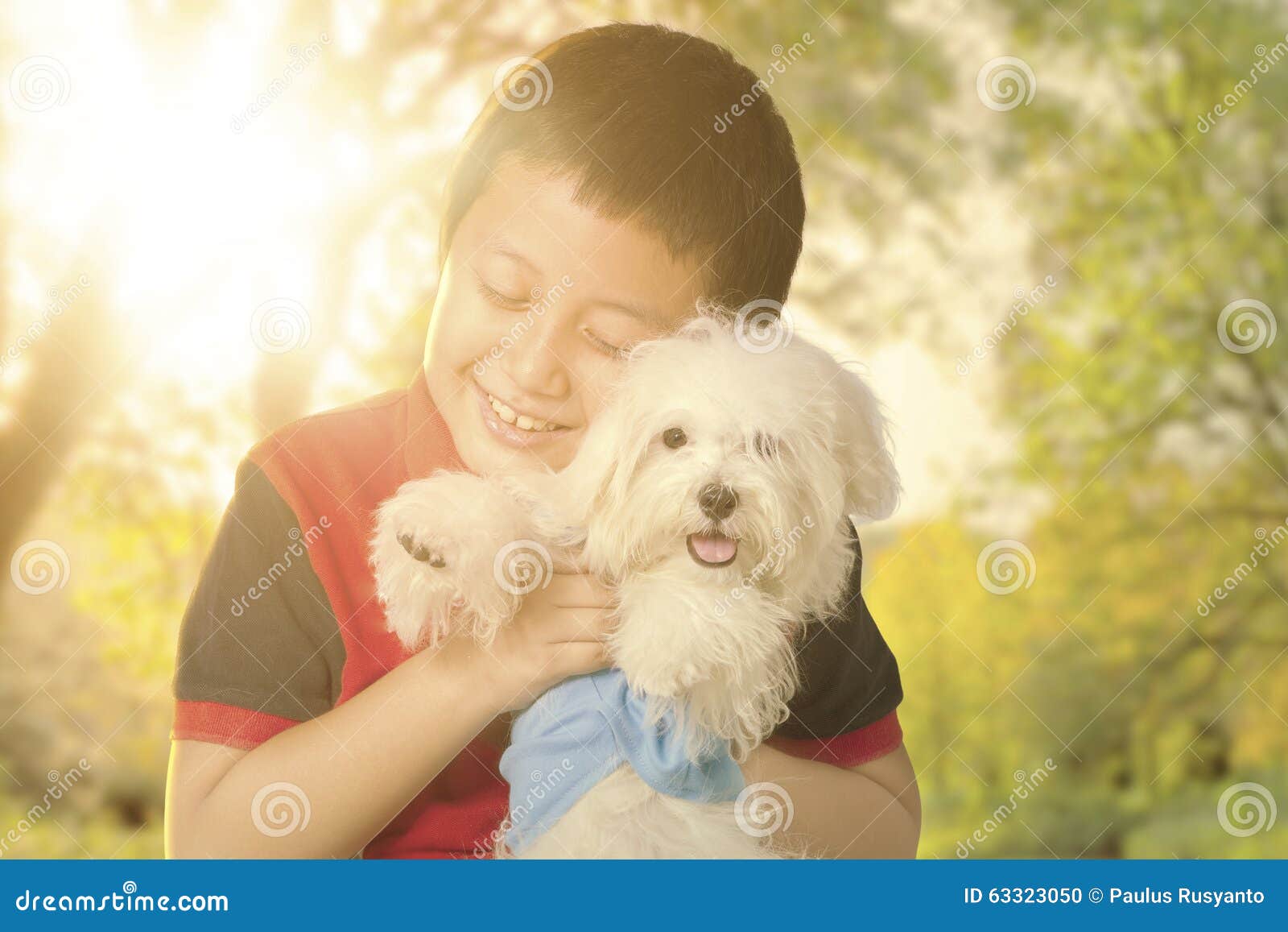 Niño Pequeño Que Abraza Su Perro En El Parque Foto de archivo Imagen