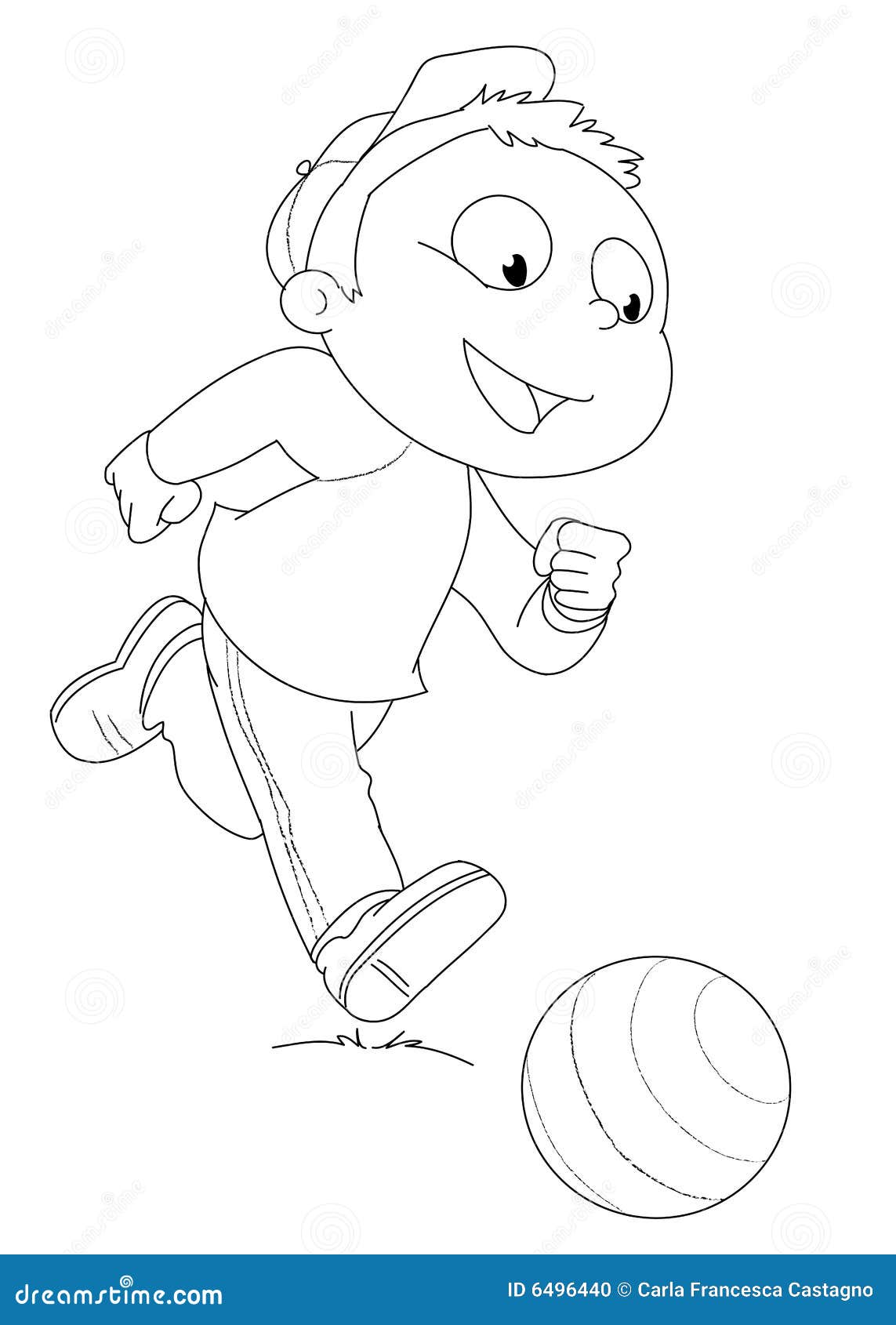 Niño que juega con la bola. Un niño de la historieta está jugando a fútbol. Ilustración de Digitaces en blanco y negro.