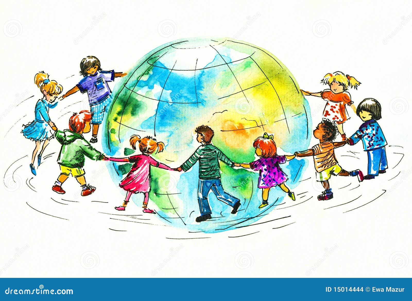 Los niños de diversas razas que abrazaban el planeta Earth.Picture me he creado con las acuarelas.