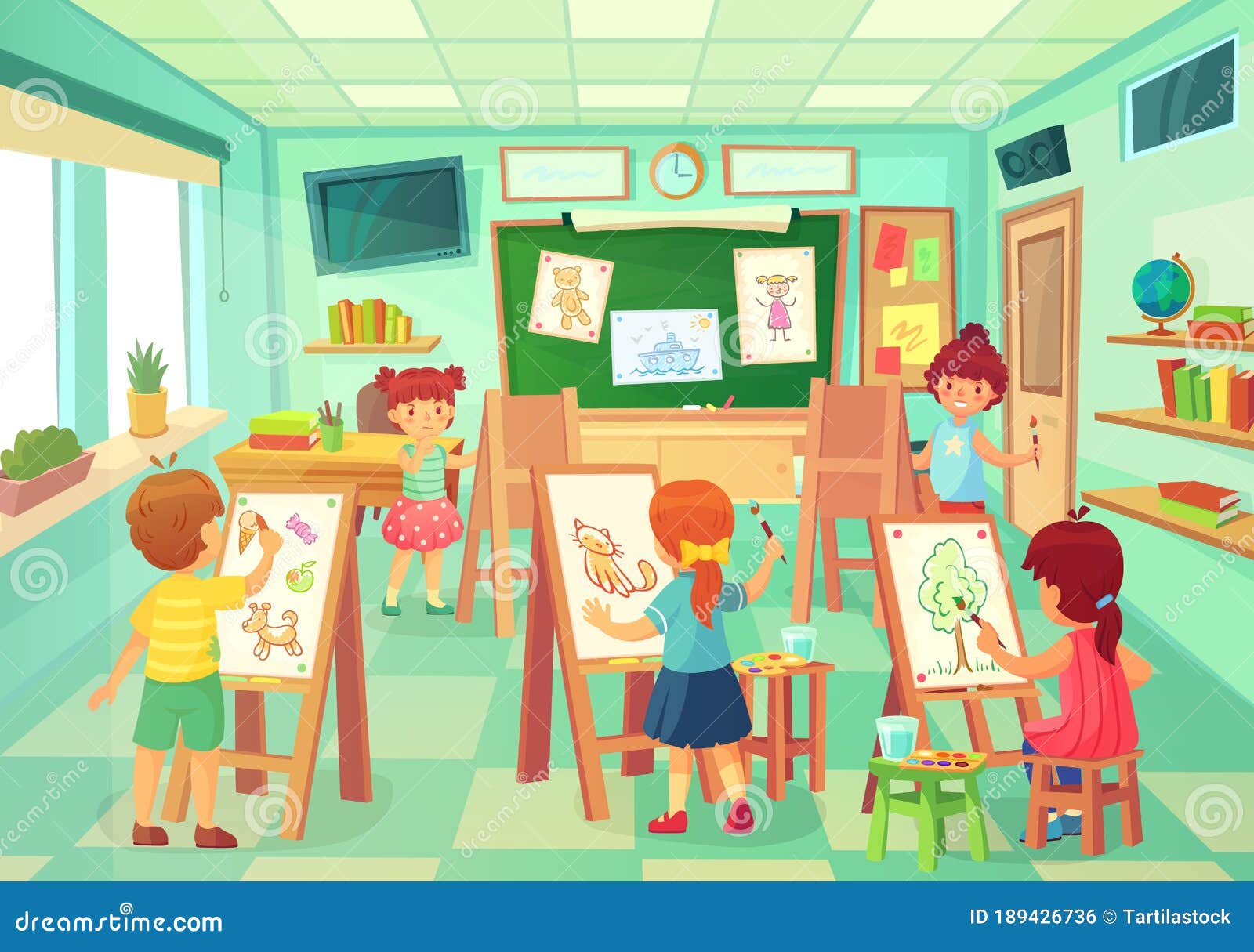 Niños Dibujando En Clase De Arte. Educación Artística Vectorial